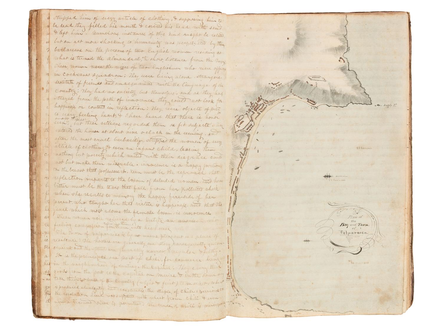 [US NAVY] -- [MARITIME]. Manuscript journal containing "Remarks and observations of Lt. Paulding of the U.S. Frigate Macedonian Commanded by John Downes, Esq. And bound on a Cruise in the Pacific Ocean." Illustrated. Ca. 1818-1828.
