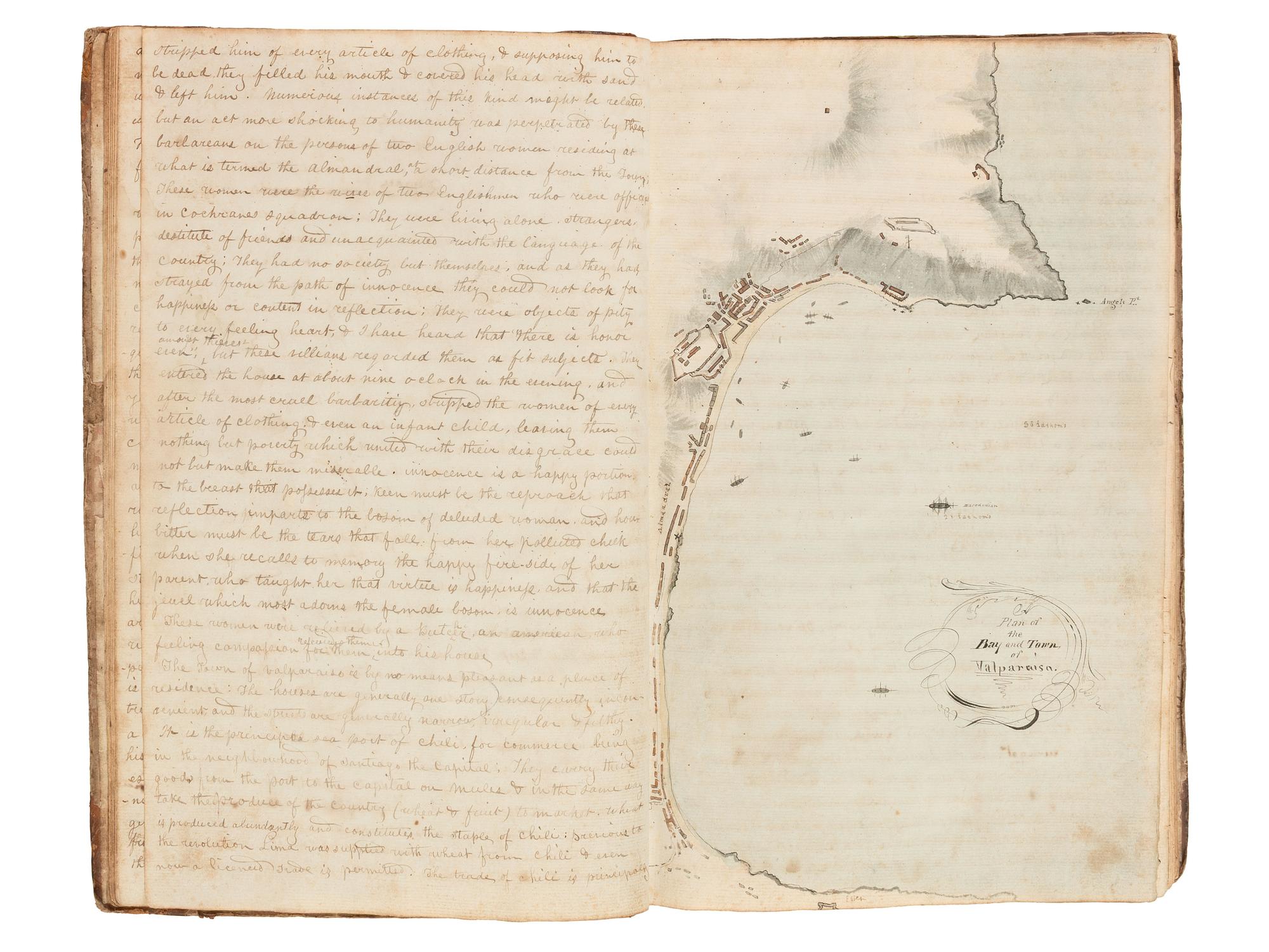 [US NAVY] -- [MARITIME]. Manuscript journal containing "Remarks and observations of Lt. Paulding of the U.S. Frigate Macedonian Commanded by John Downes, Esq. And bound on a Cruise in the Pacific Ocean." Illustrated. Ca. 1818-1828.