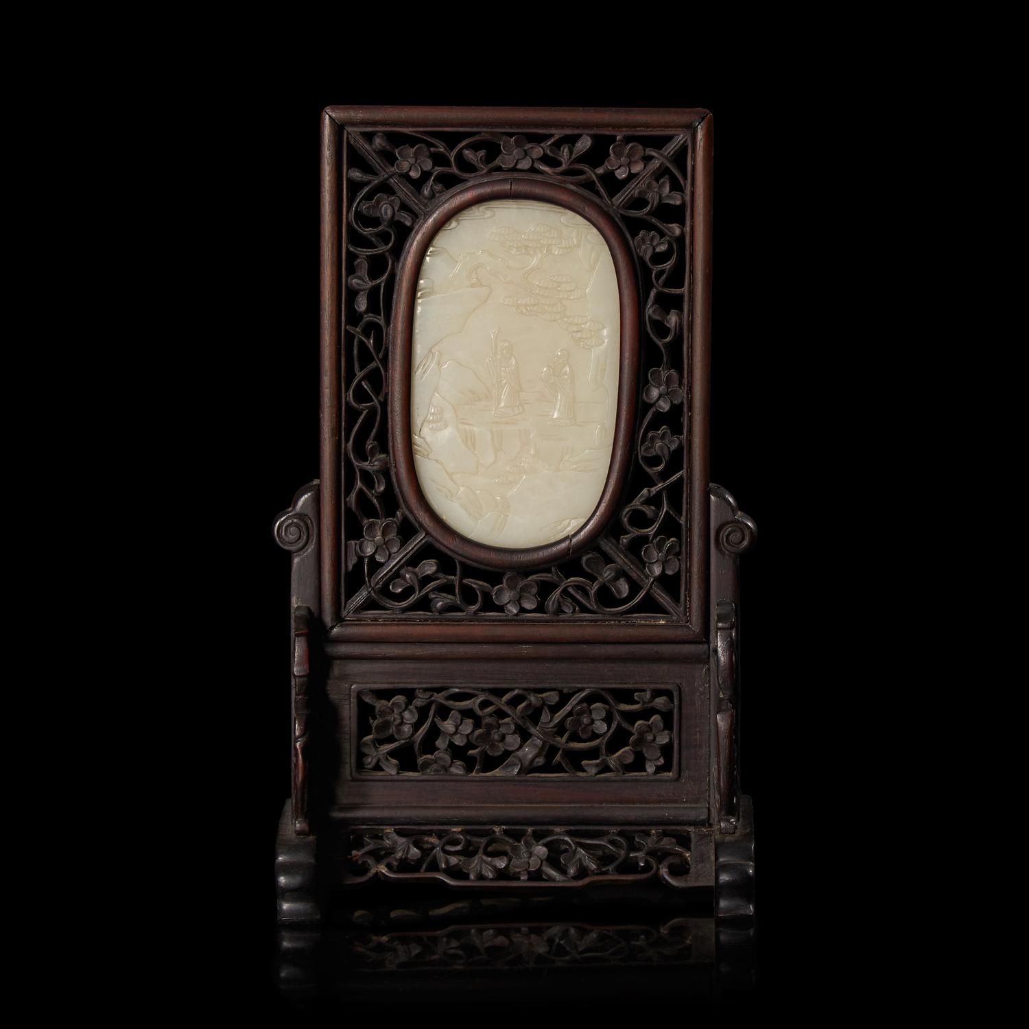 A Small Chinese White Jade Inset Carved Wood Table Screen, Jade: Qing Dynasty 清 硬木嵌白玉高士圖小桌屏