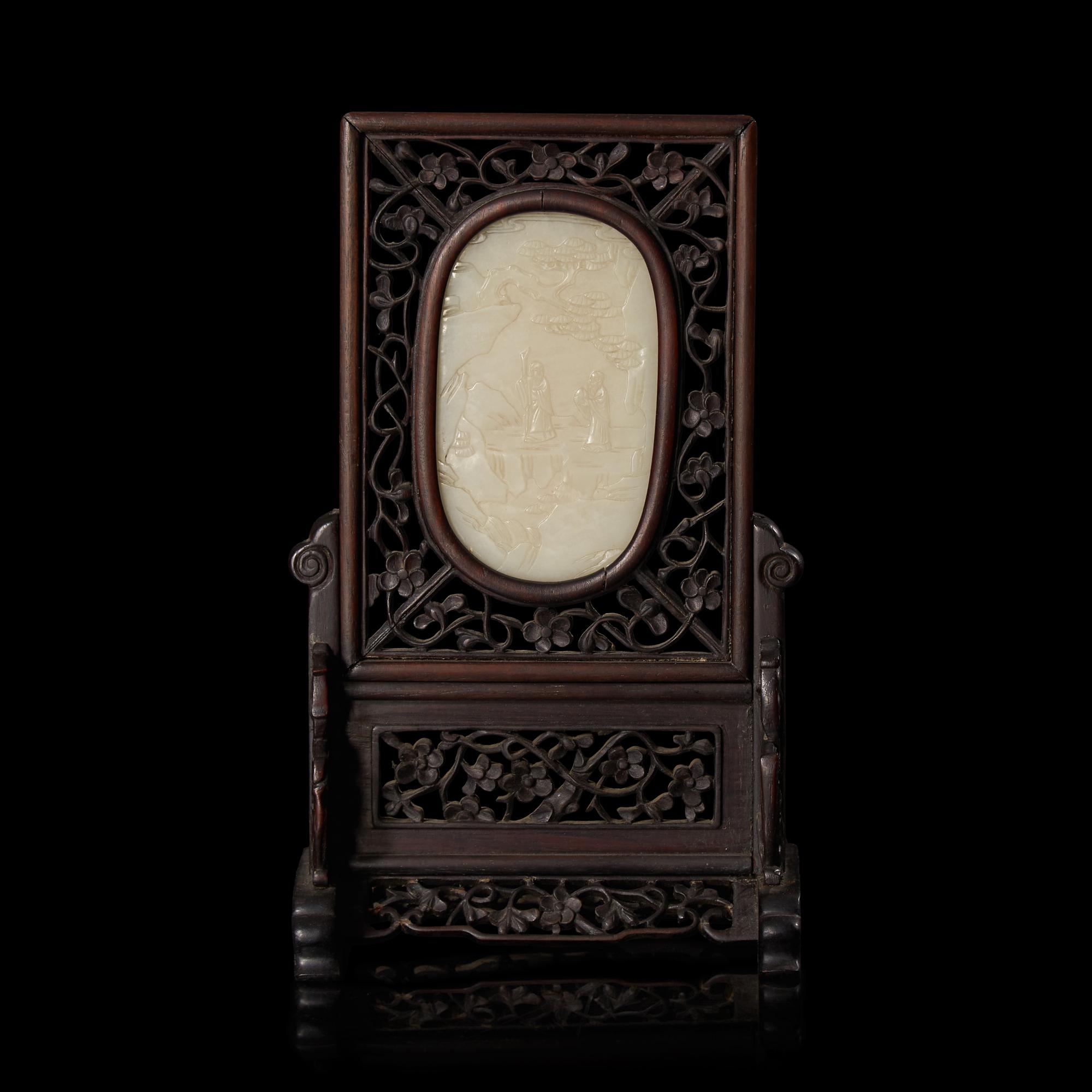 A Small Chinese White Jade Inset Carved Wood Table Screen, Jade: Qing Dynasty 清 硬木嵌白玉高士圖小桌屏