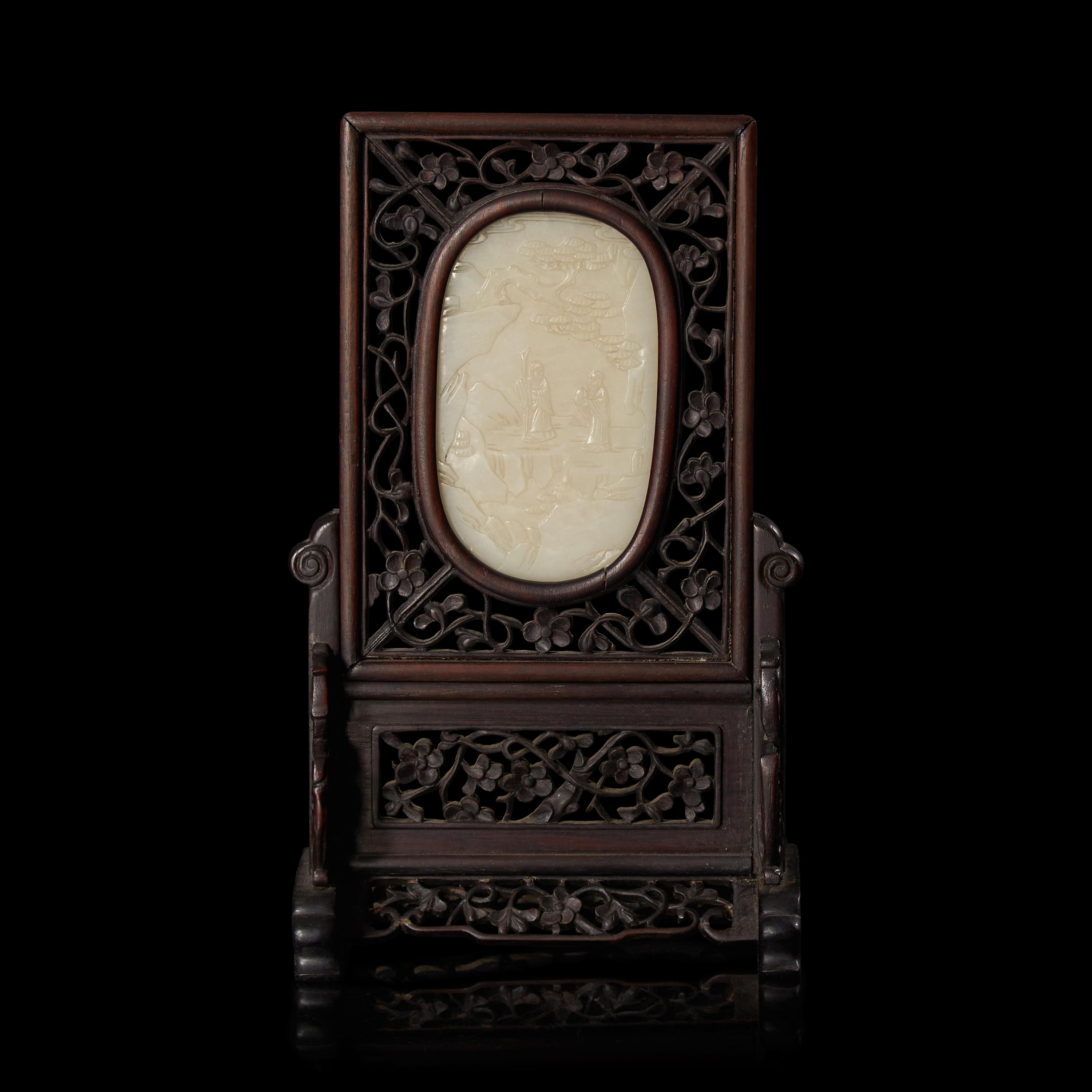 A Small Chinese White Jade Inset Carved Wood Table Screen, Jade: Qing Dynasty 清 硬木嵌白玉高士圖小桌屏