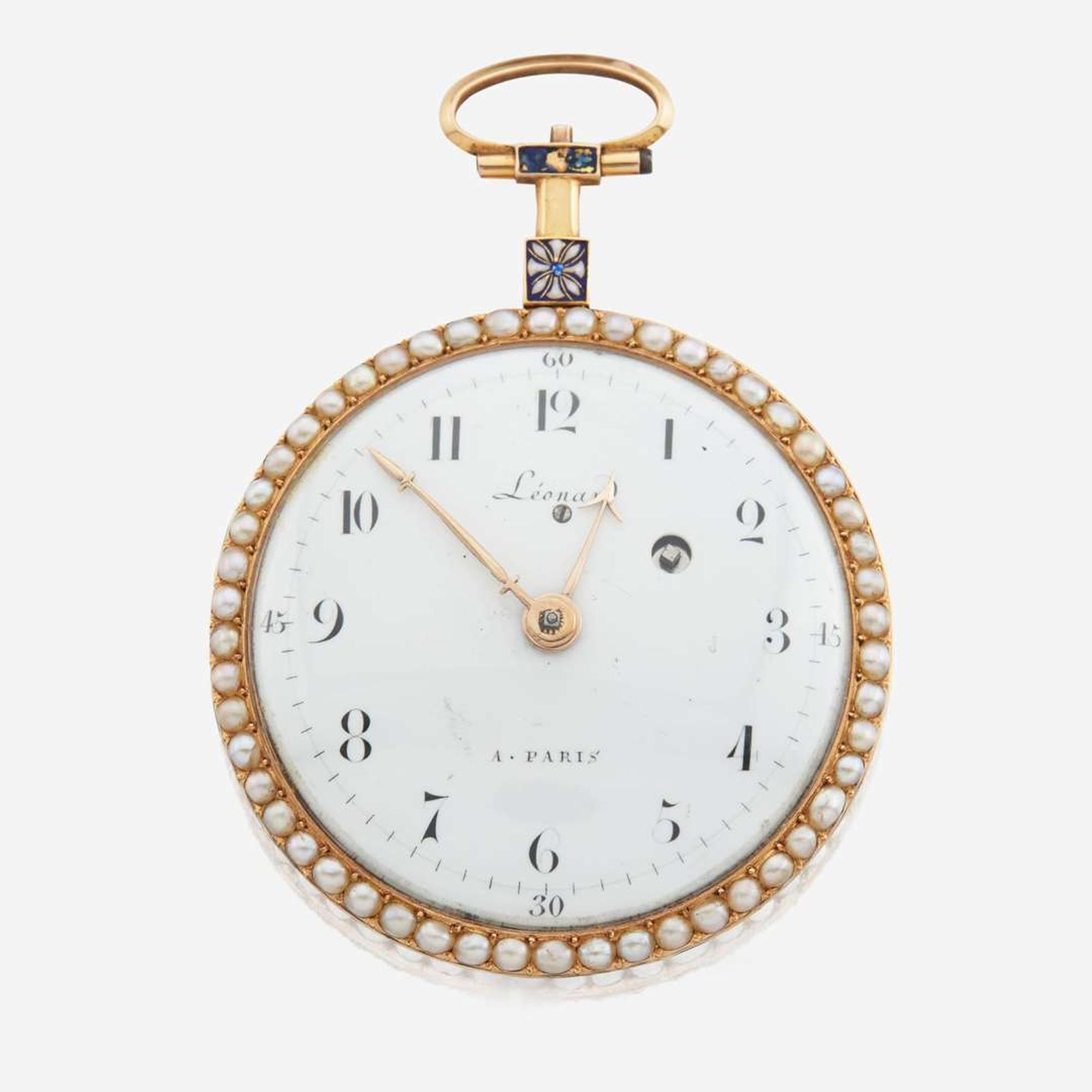 A gold openface enamel pocket watch, Leonard, Paris