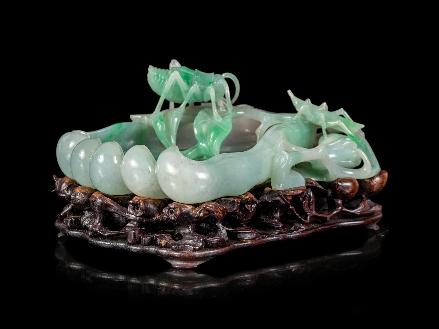 An Apple Green and White Jadeite 'Buddha's Hand Citron and Insects' Brush Washer