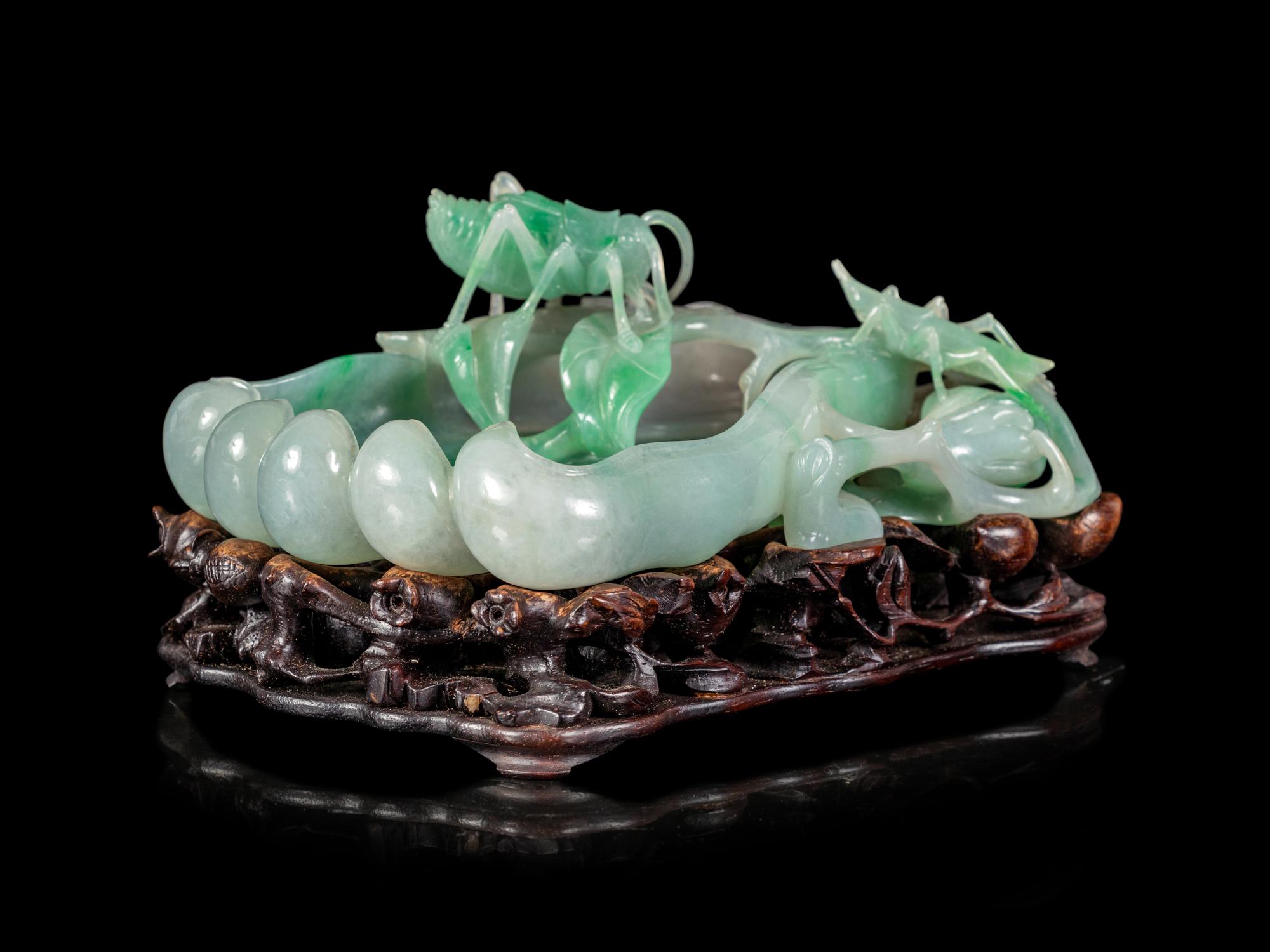 An Apple Green and White Jadeite 'Buddha's Hand Citron and Insects' Brush Washer