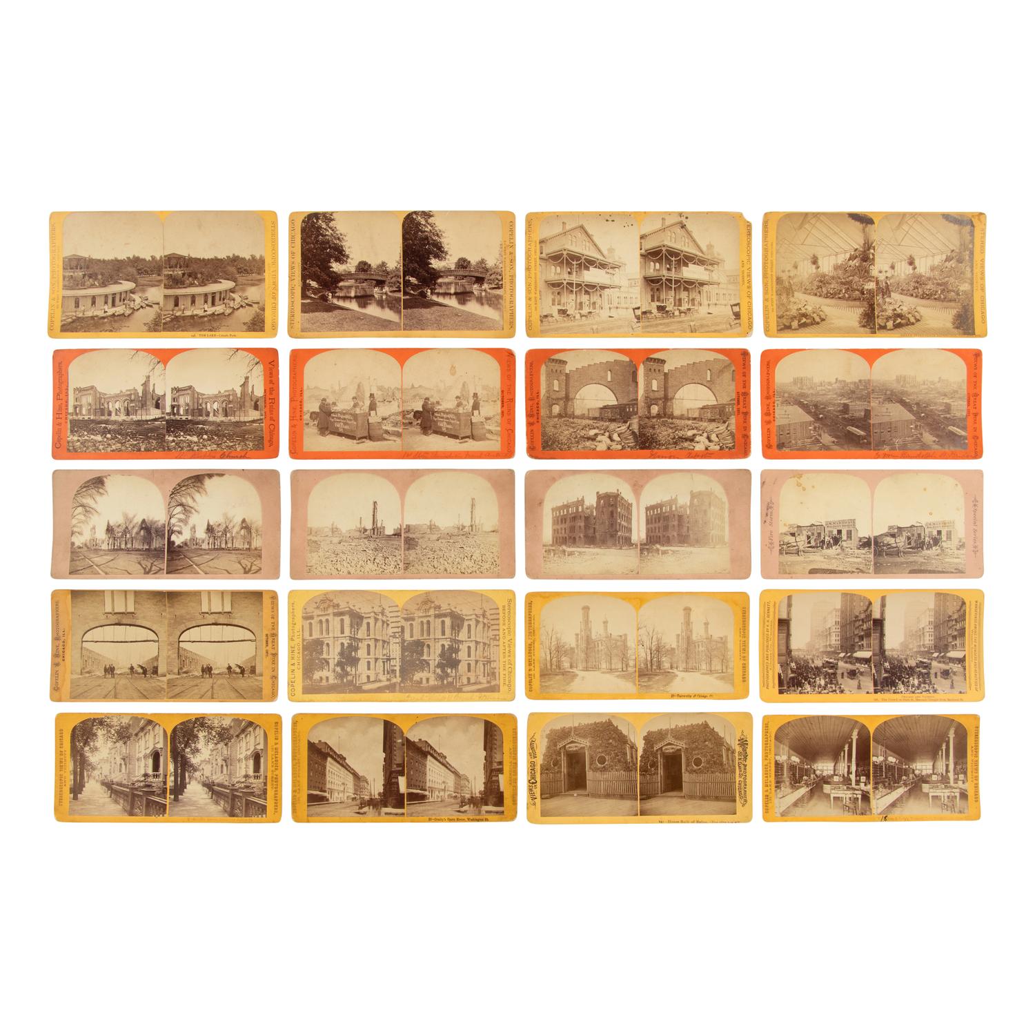 [Chicago Fire]. A collection of 96 stereoviews taken before and after the Great Chicago Fire of 1871, many by Copelin and Melander.