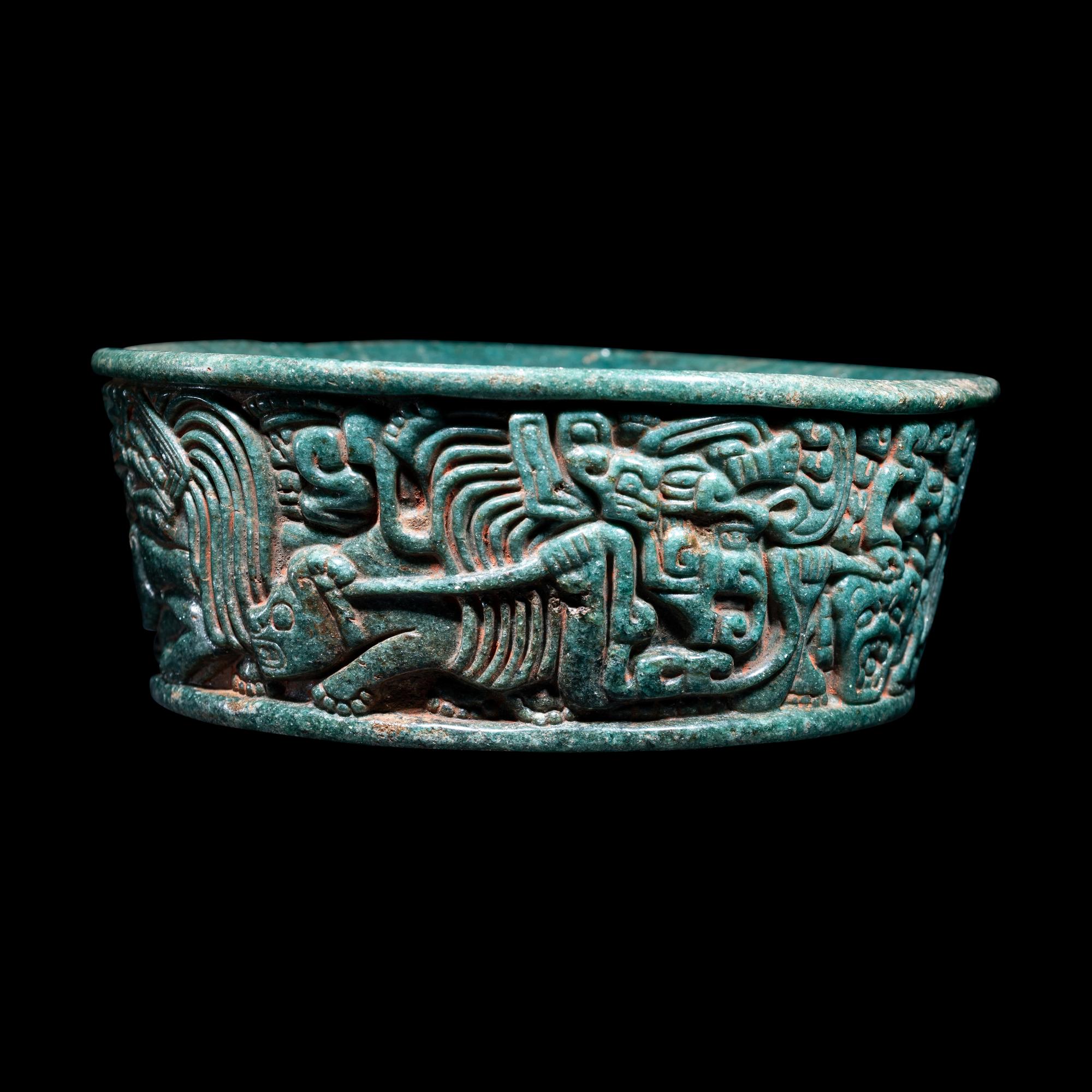 A Maya Green Fuchsite Bowl with Intricate Figures