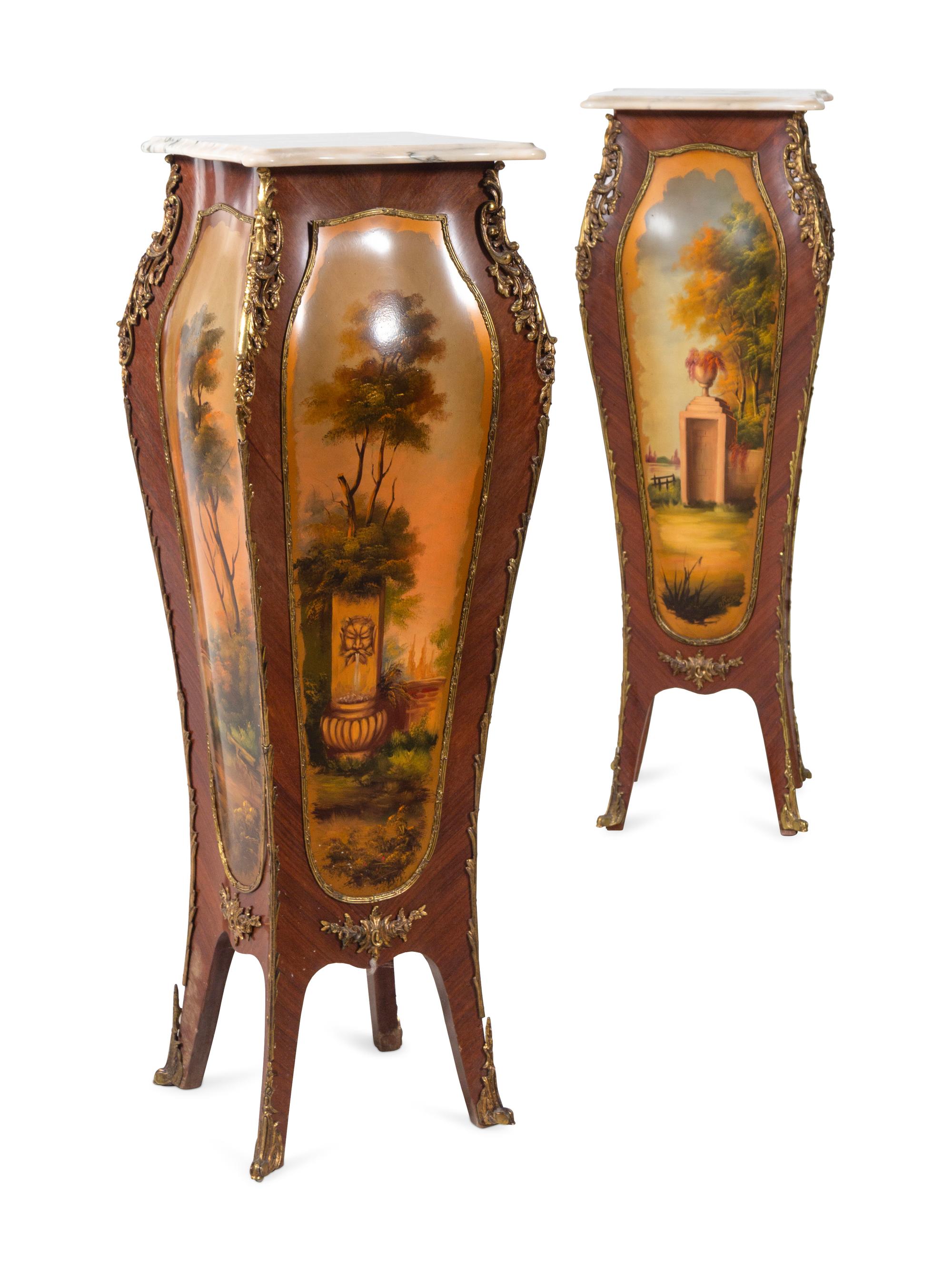 A Pair of Louis XV Style Gilt Metal Mounted Vernis Martin Marble-Top Pedestals