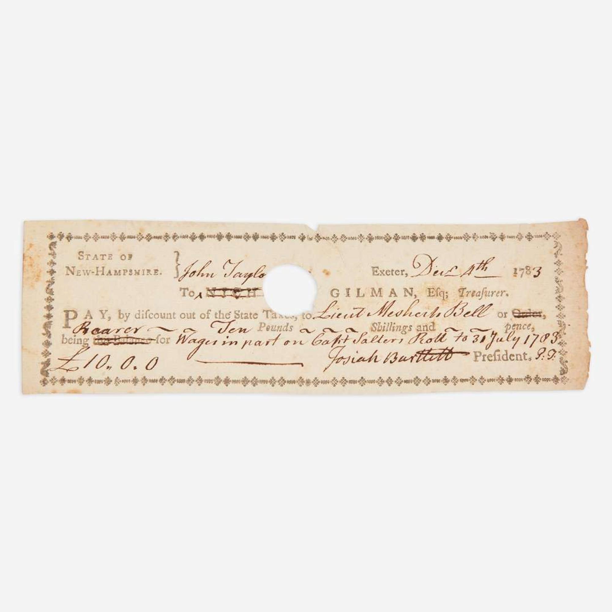 [Americana] [Declaration of Independence] Bartlett, Josiah Partially-Printed Document, signed