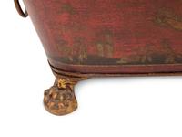A Regency Style Red Tole Covered Box with Black and Gilt Chinoiserie Decoration and a Similar Bucket
