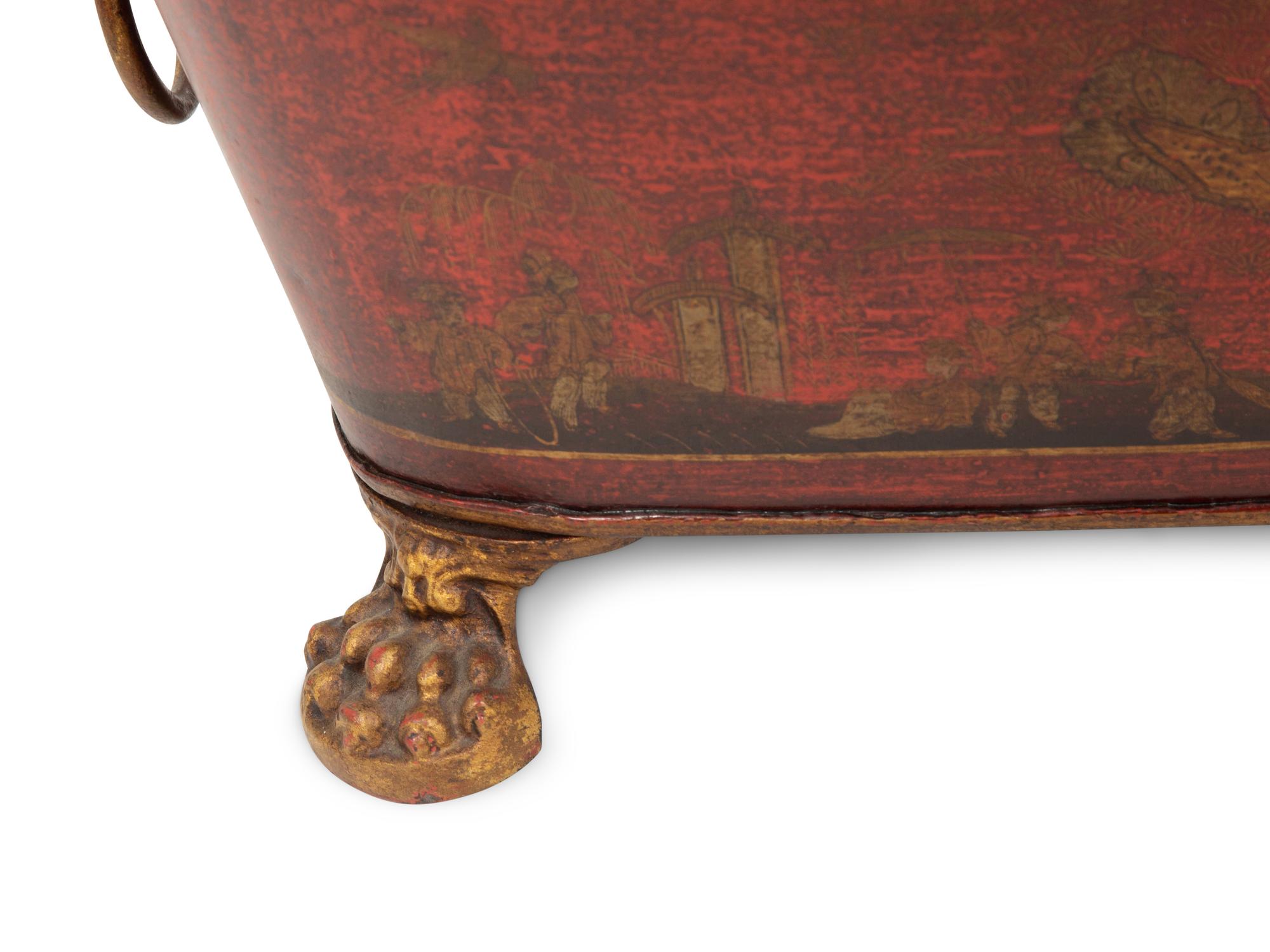 A Regency Style Red Tole Covered Box with Black and Gilt Chinoiserie Decoration and a Similar Bucket