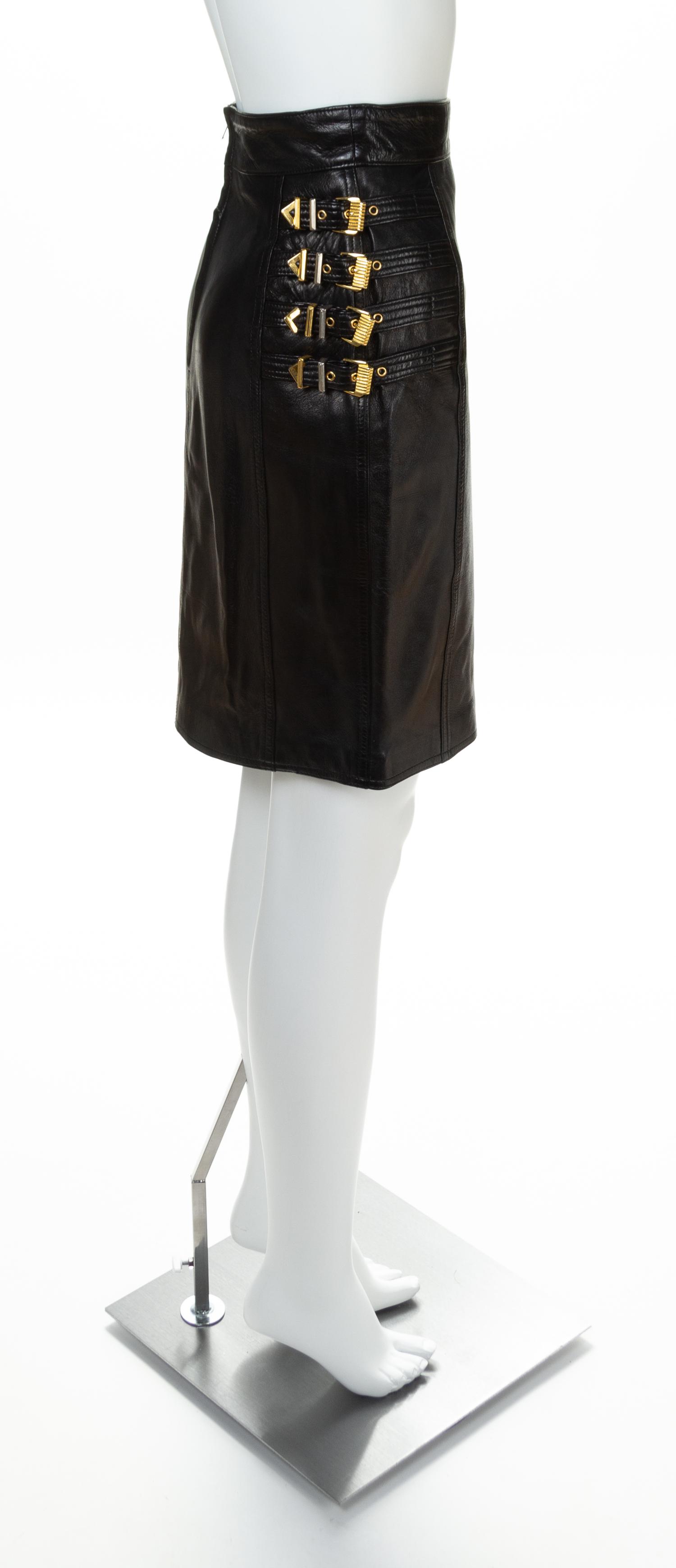 A Gianni Versace Black Leather Bondage Skirt, Size 42.