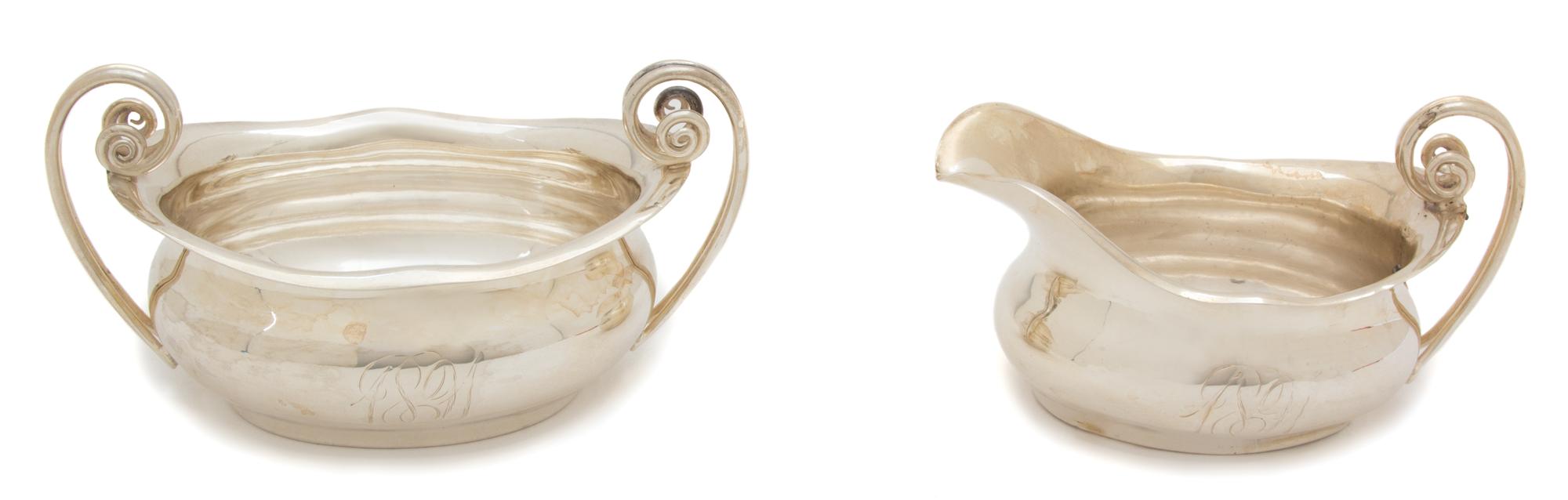 An American Silver Creamer and Open Sugar, Unknown Maker, having scrolled handles