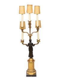 An Empire Style Gilt and Patinated Bronze Figural Six-Light Candelabrum Mounted as a Lamp