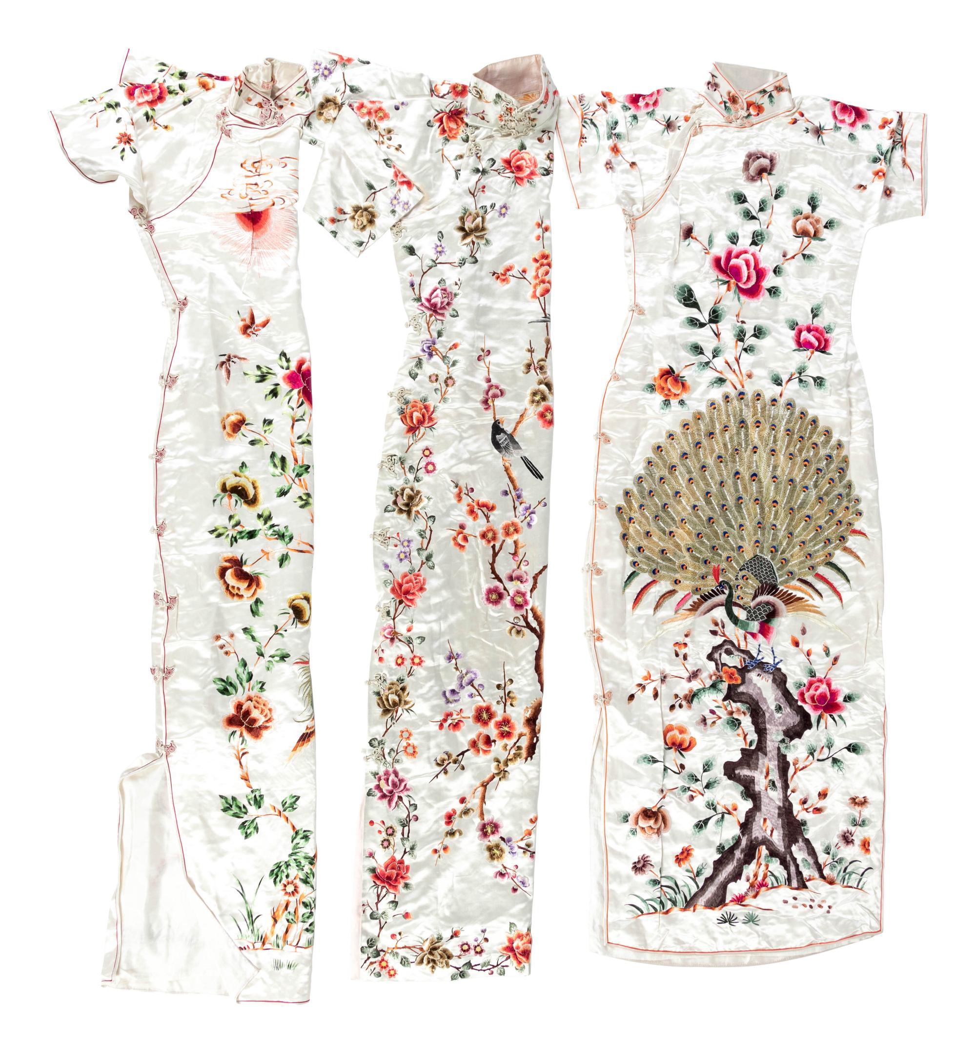 Three Chinese Cream Ground Silk Lady's Cheongsams, Qipao