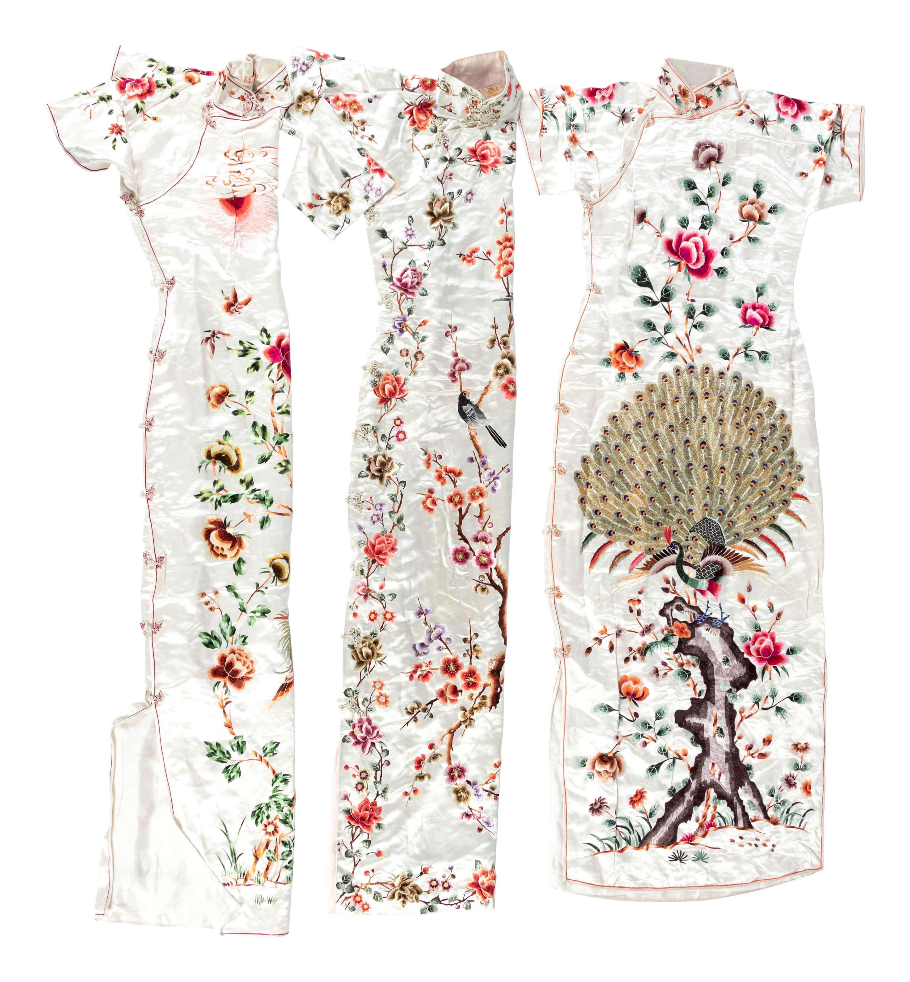 Three Chinese Cream Ground Silk Lady's Cheongsams, Qipao