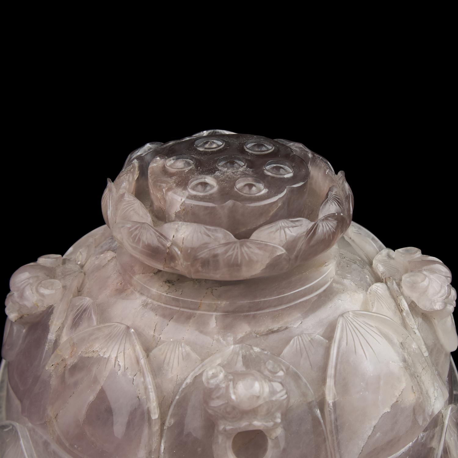 A Large Chinese Carved Amethystine Quartz "Lotus" Footed Vessel and Cover