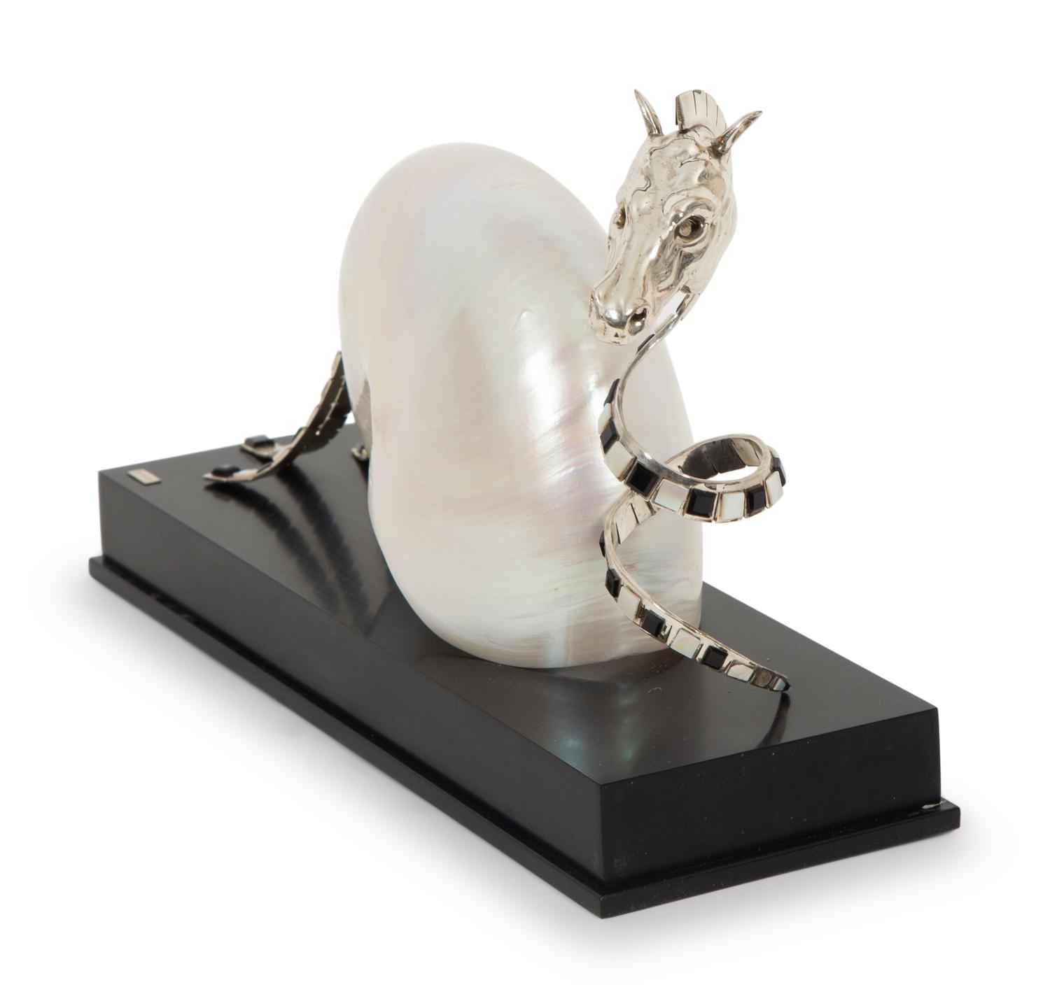 A Roberto Estevez Seahorse Nautilus Shell and Silver Sculpture