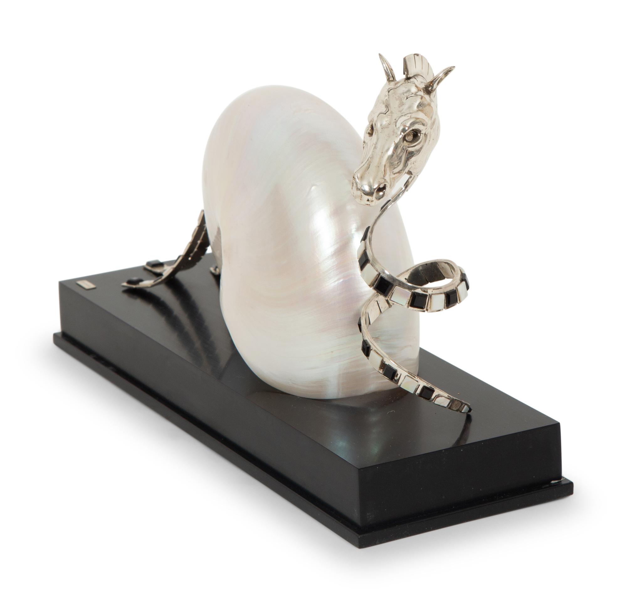 A Roberto Estevez Seahorse Nautilus Shell and Silver Sculpture