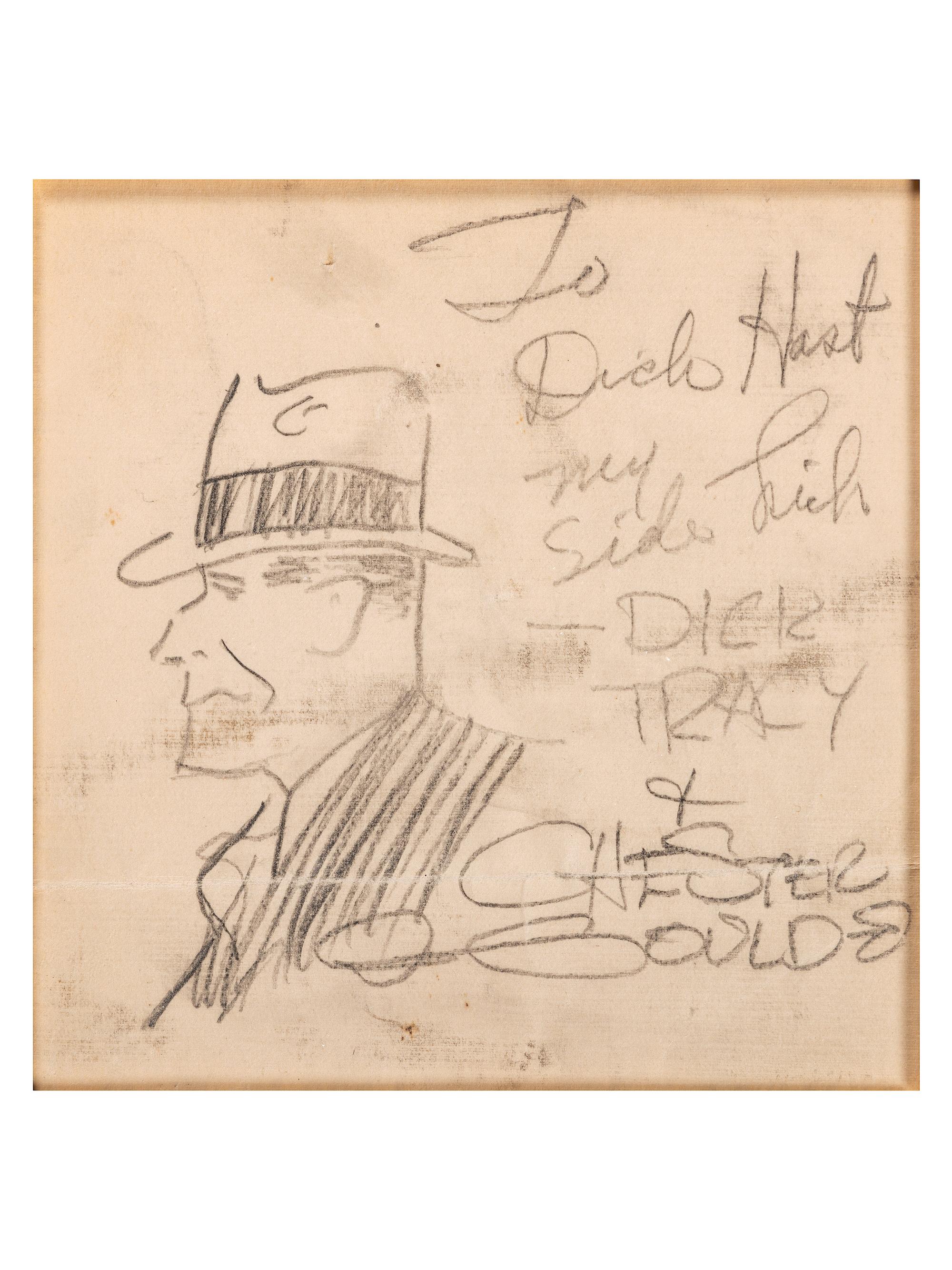 [CARTOON ART]. GOULD, Chester (1900-1985). Very early pencil drawing of Dick Tracy. N.p., ca 1931. "ONE OF THE EARLIEST KNOWN DRAWINGS OF HIS INFAMOUS CRIME FIGHTER"
