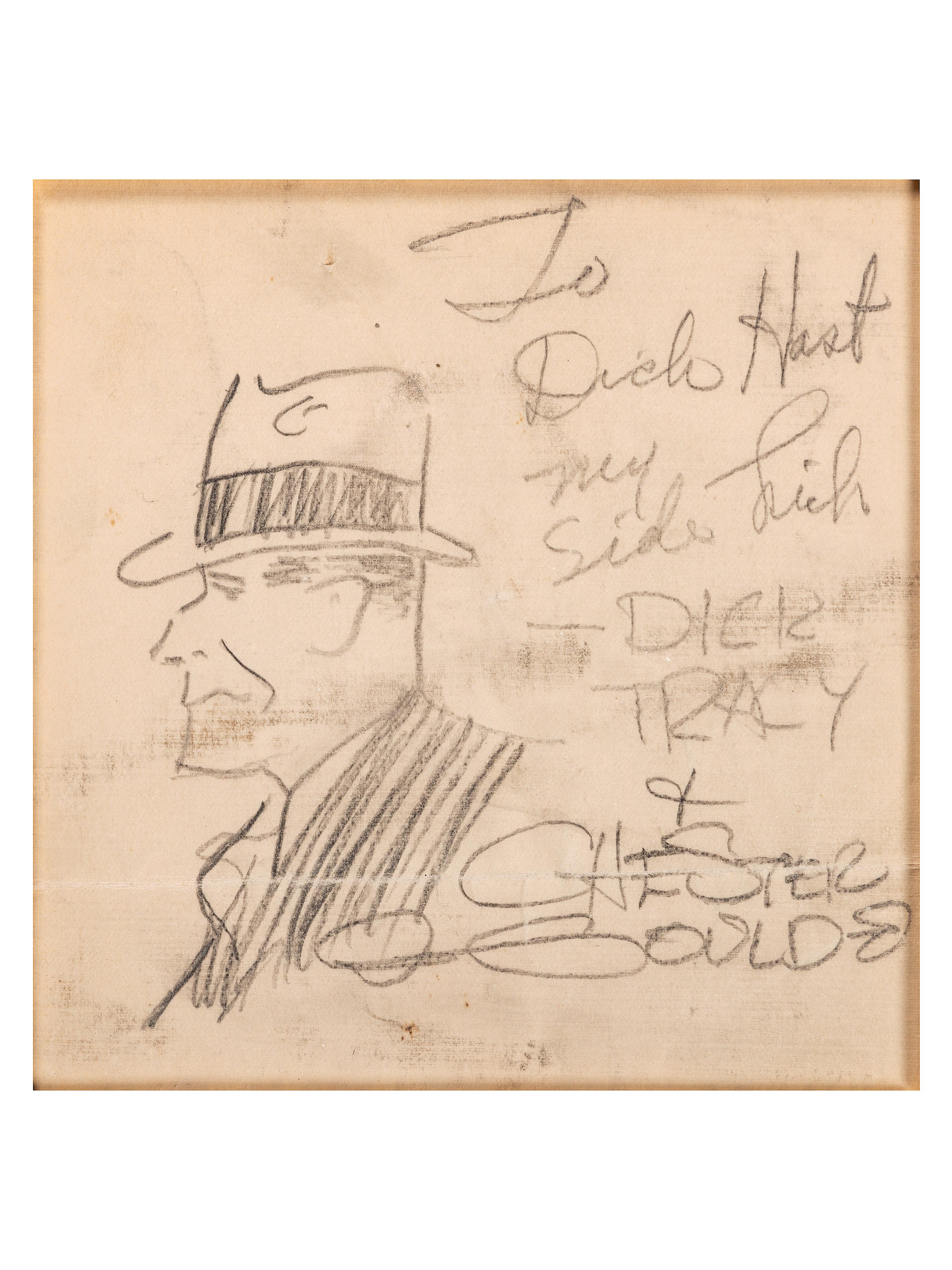 [CARTOON ART]. GOULD, Chester (1900-1985). Very early pencil drawing of Dick Tracy. N.p., ca 1931. "ONE OF THE EARLIEST KNOWN DRAWINGS OF HIS INFAMOUS CRIME FIGHTER"