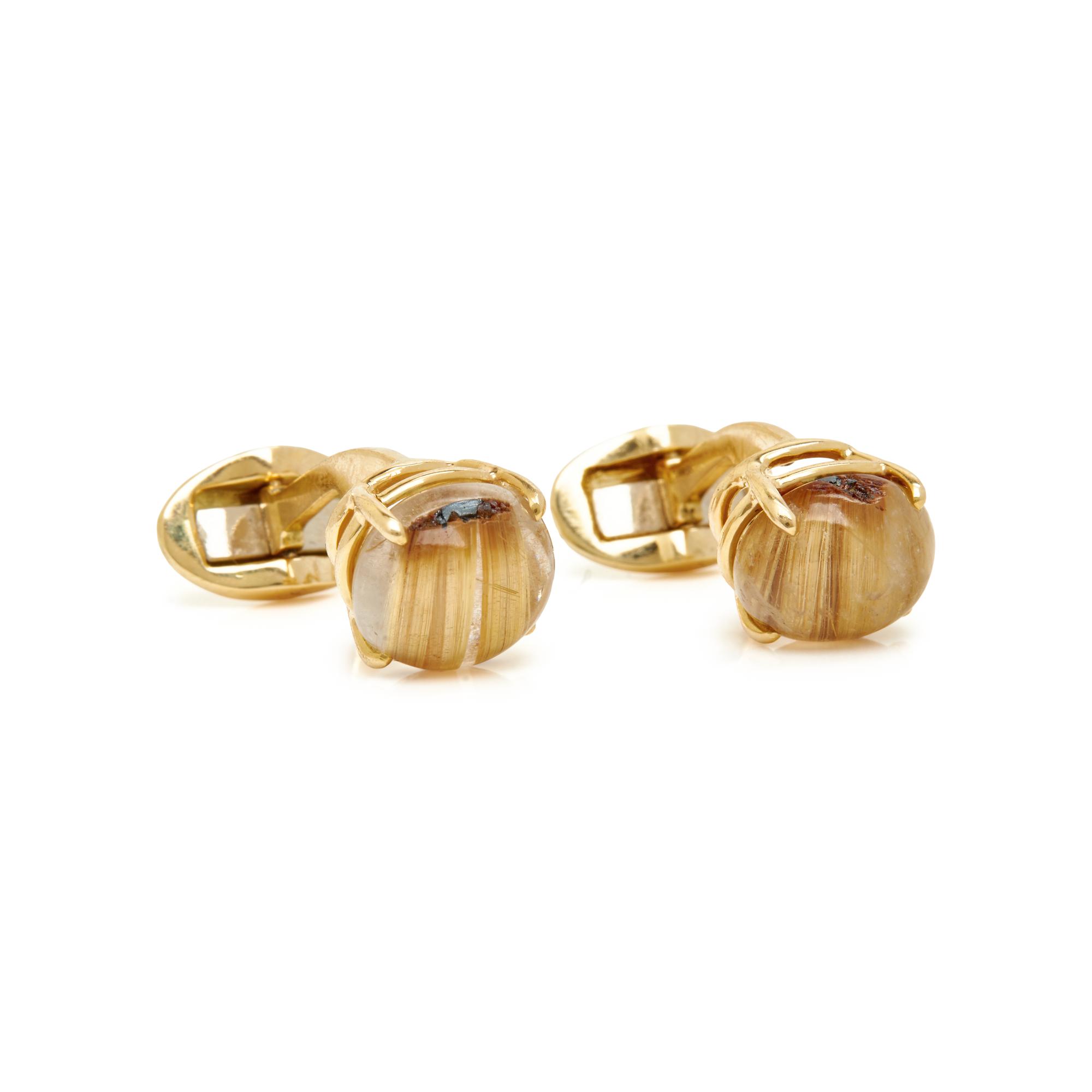 YELLOW GOLD AND CAT'S EYE RUTILATED QUARTZ CUFFLINKS