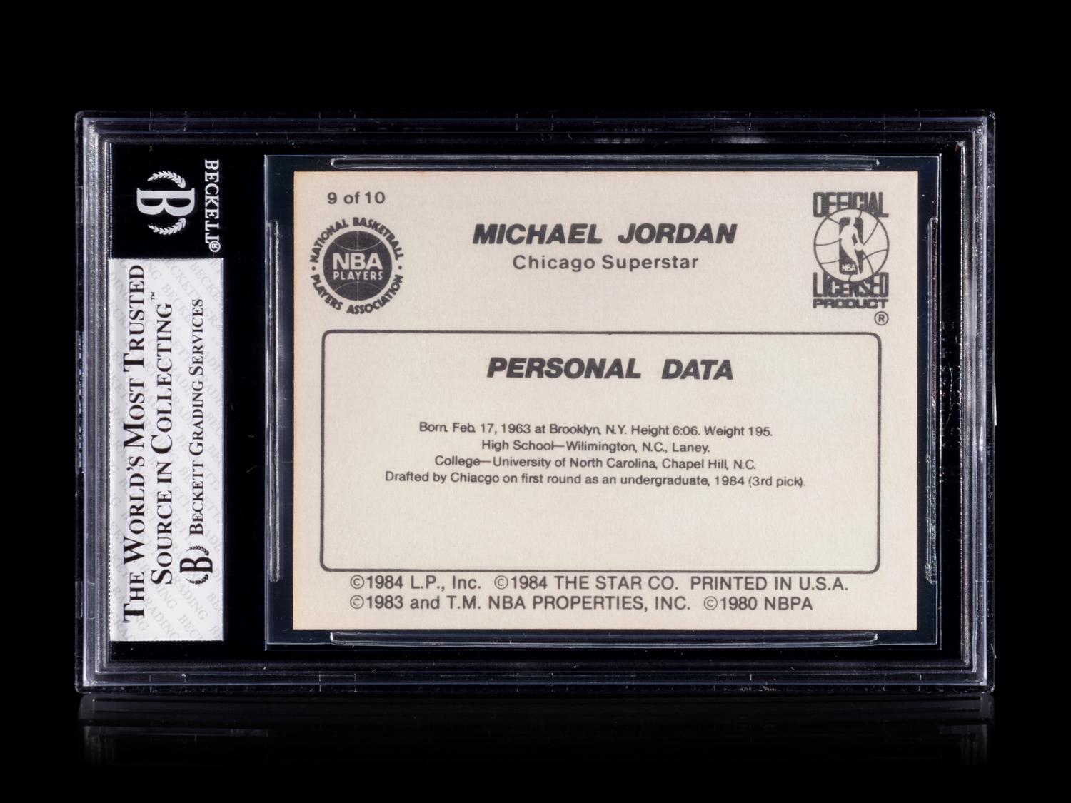 A 1986 Star Michael Jordan Set Break Basketball Card No. 9 Personal Data BGS 7 Near Mint.