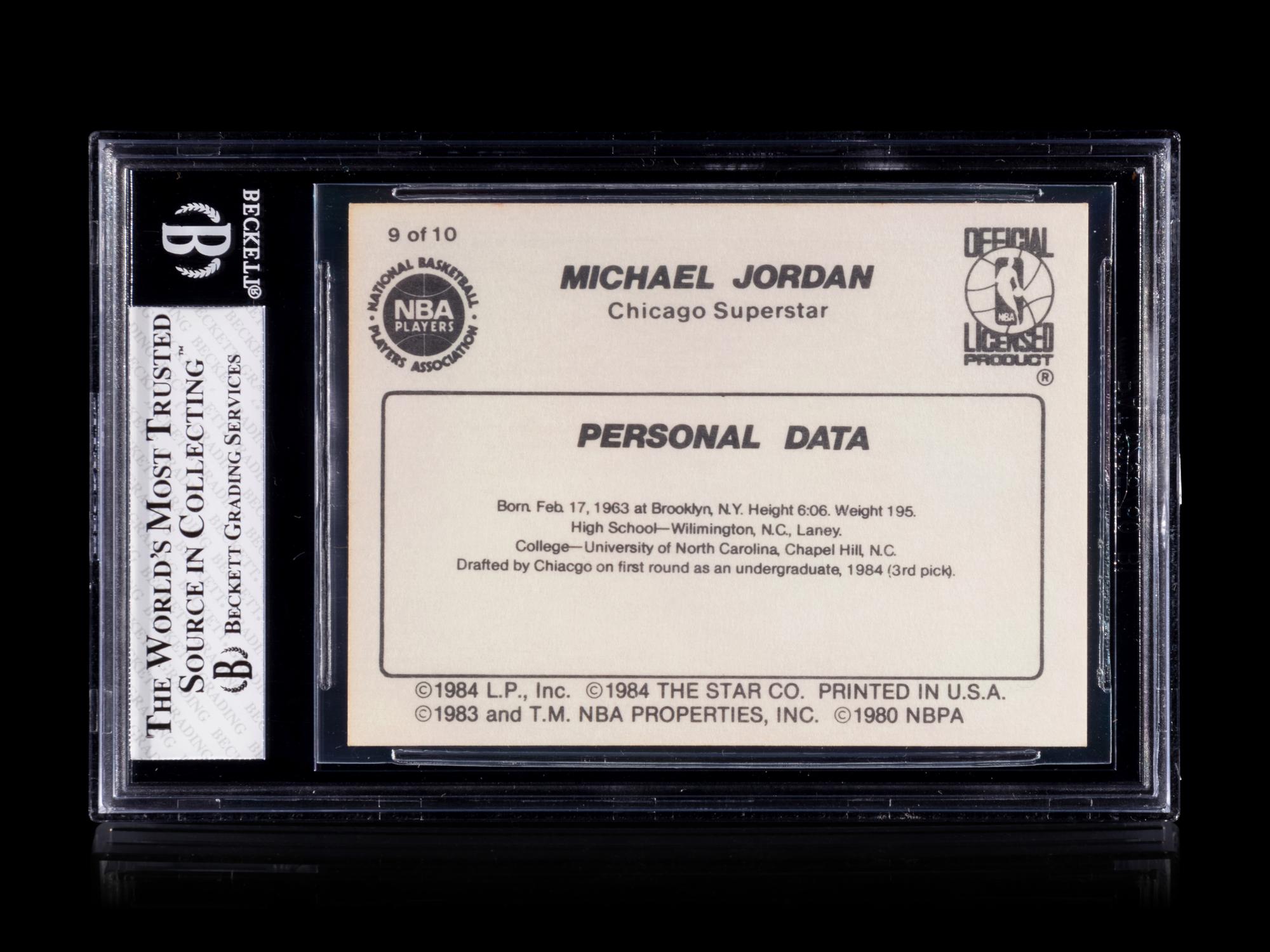 A 1986 Star Michael Jordan Set Break Basketball Card No. 9 Personal Data BGS 7 Near Mint.