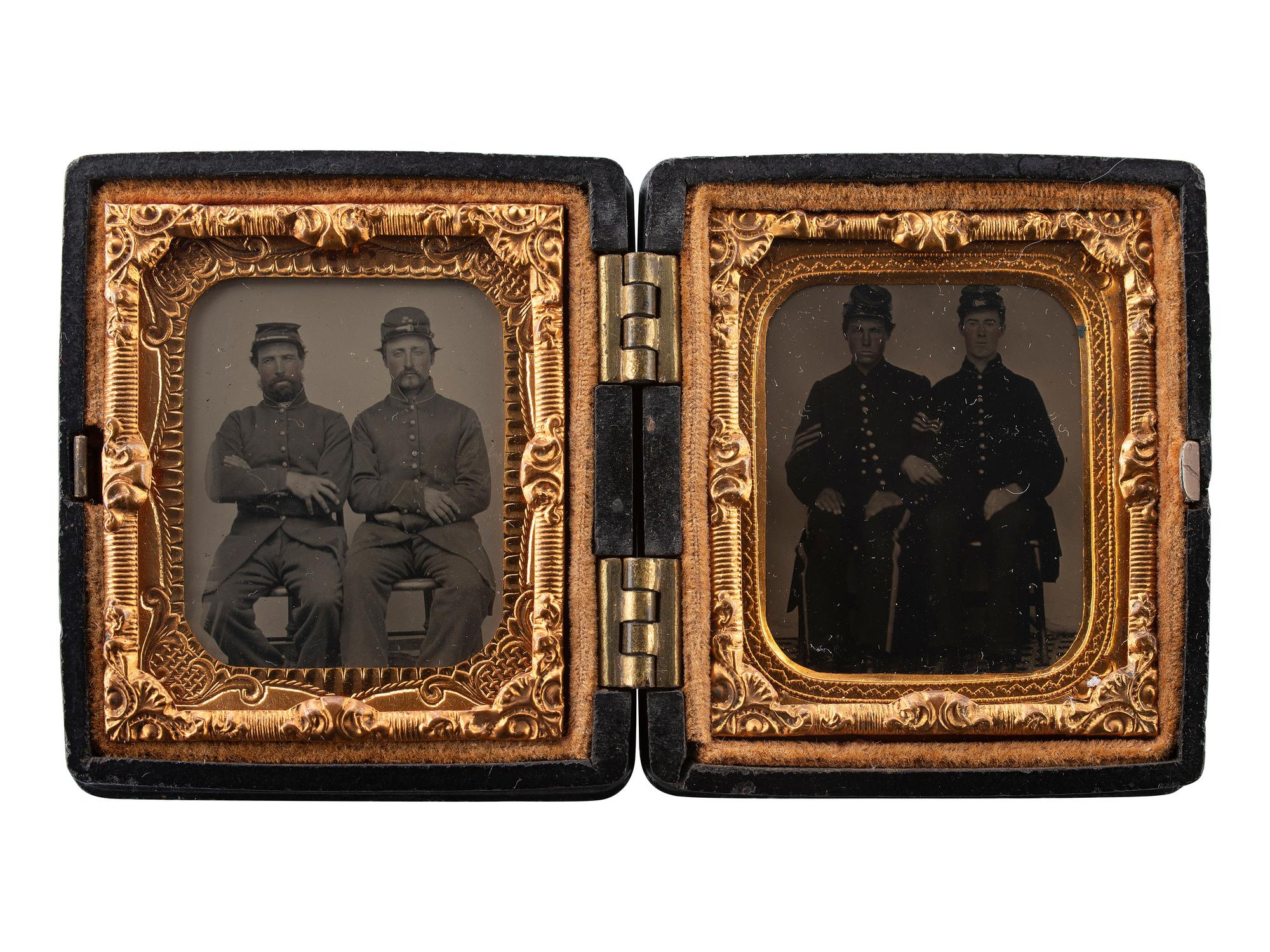 [CIVIL WAR]. Two sixteenth plate tintypes of Civil War NCO pards housed together in Union case.
