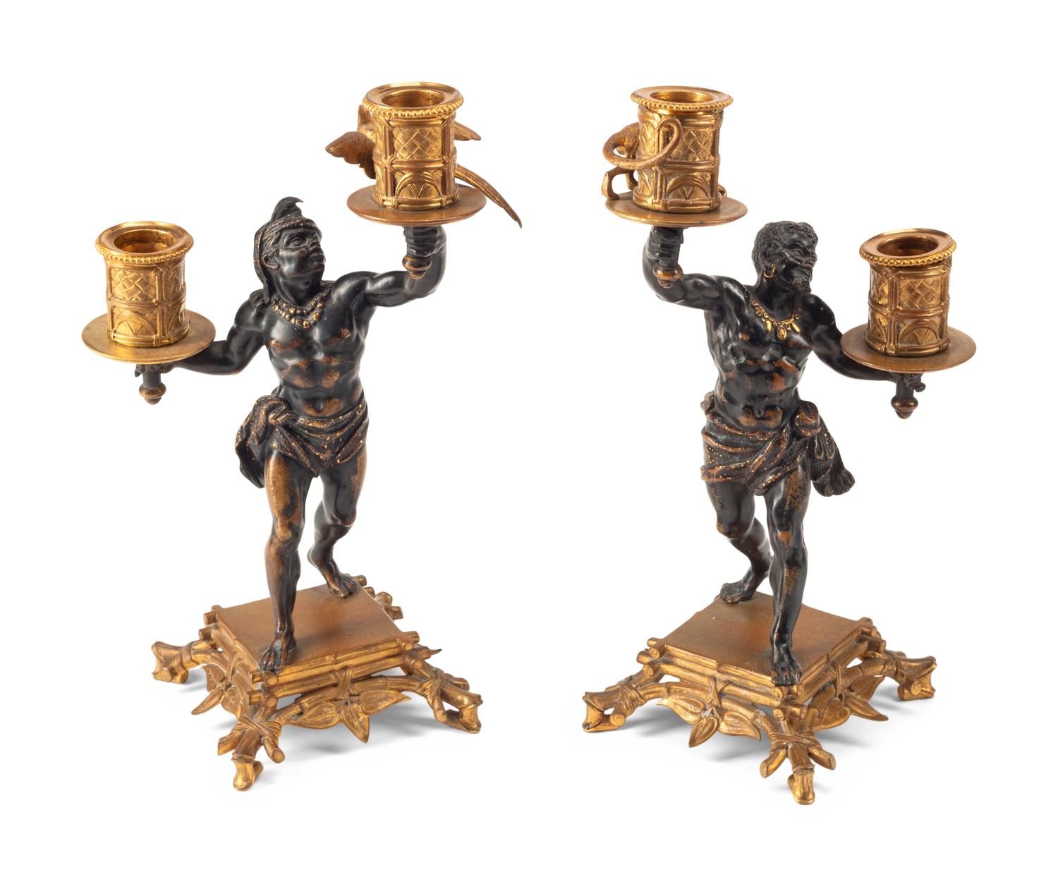 A Pair of French Gilt and Patinated Bronze Orientalist Candlesticks