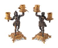 A Pair of French Gilt and Patinated Bronze Orientalist Candlesticks