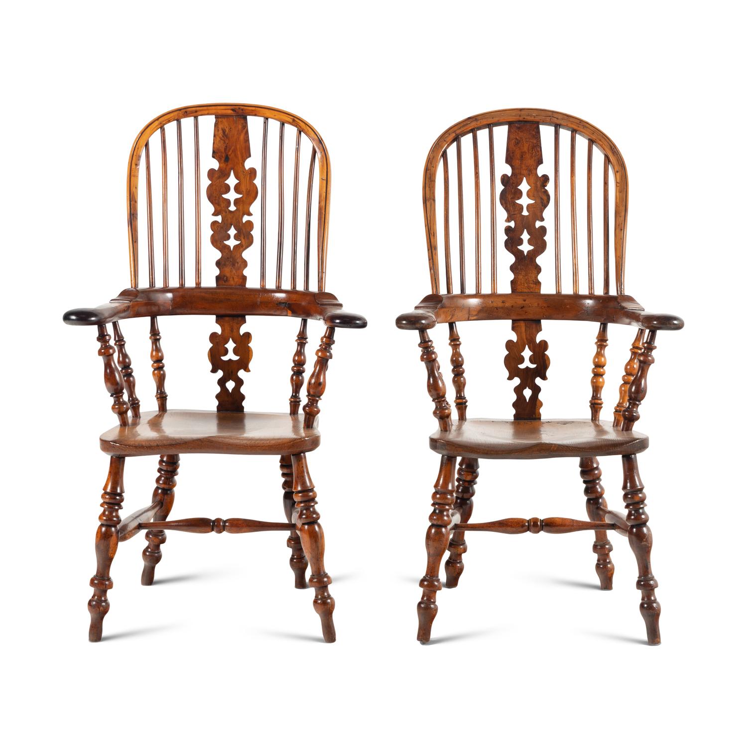 A Near Pair of English Yew and Elm Windsor Chairs