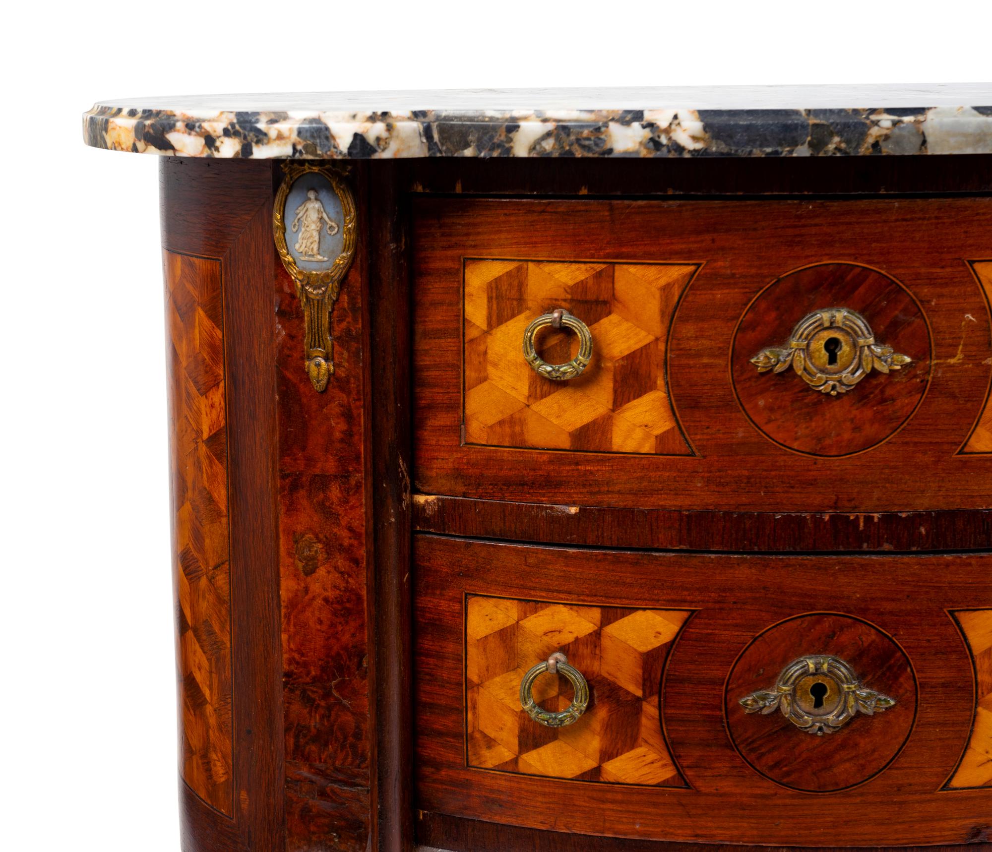 A Pair of Louis XV/XVI Transistional Style Parquetry Inlaid Marble Top Side Cabinets — 20TH CENTURY