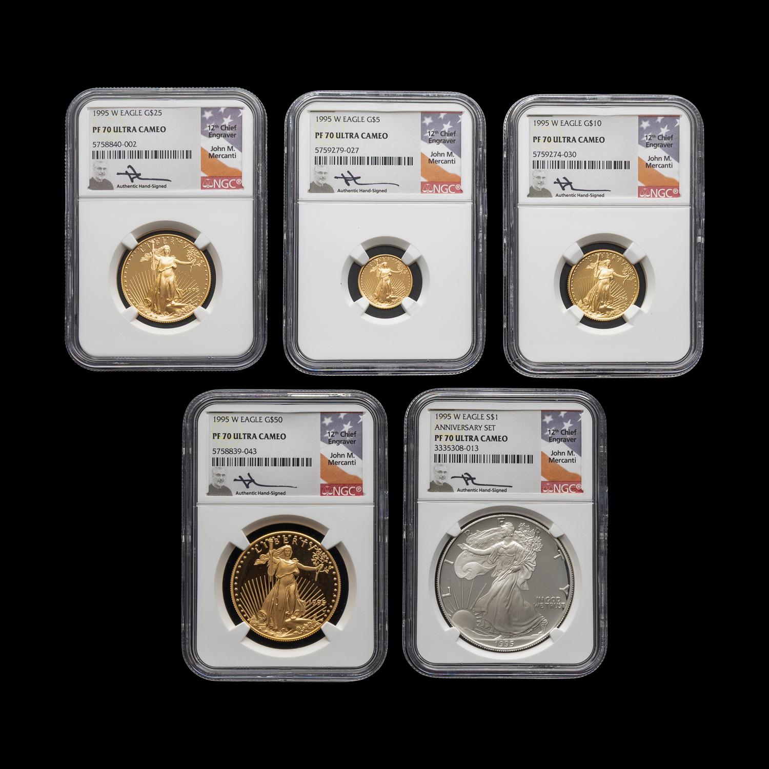 A 1995-W Gold and Silver Eagle 5 Coin Proof Set [NGC PF70 Ultra Cameo: John Mercanti Signed Labels]