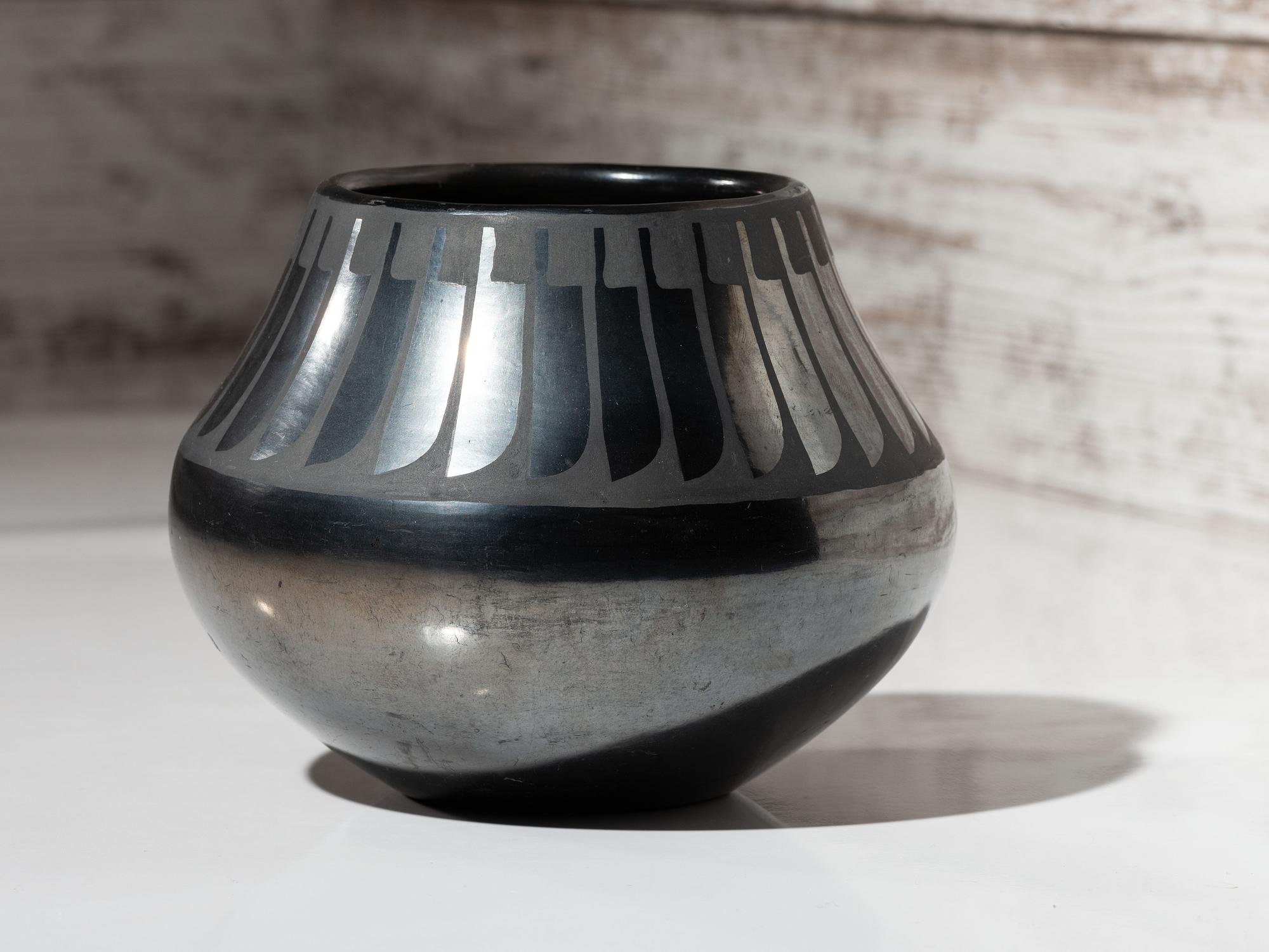 Blackware Pottery Jar, with Repeating Feathers 1943-1956