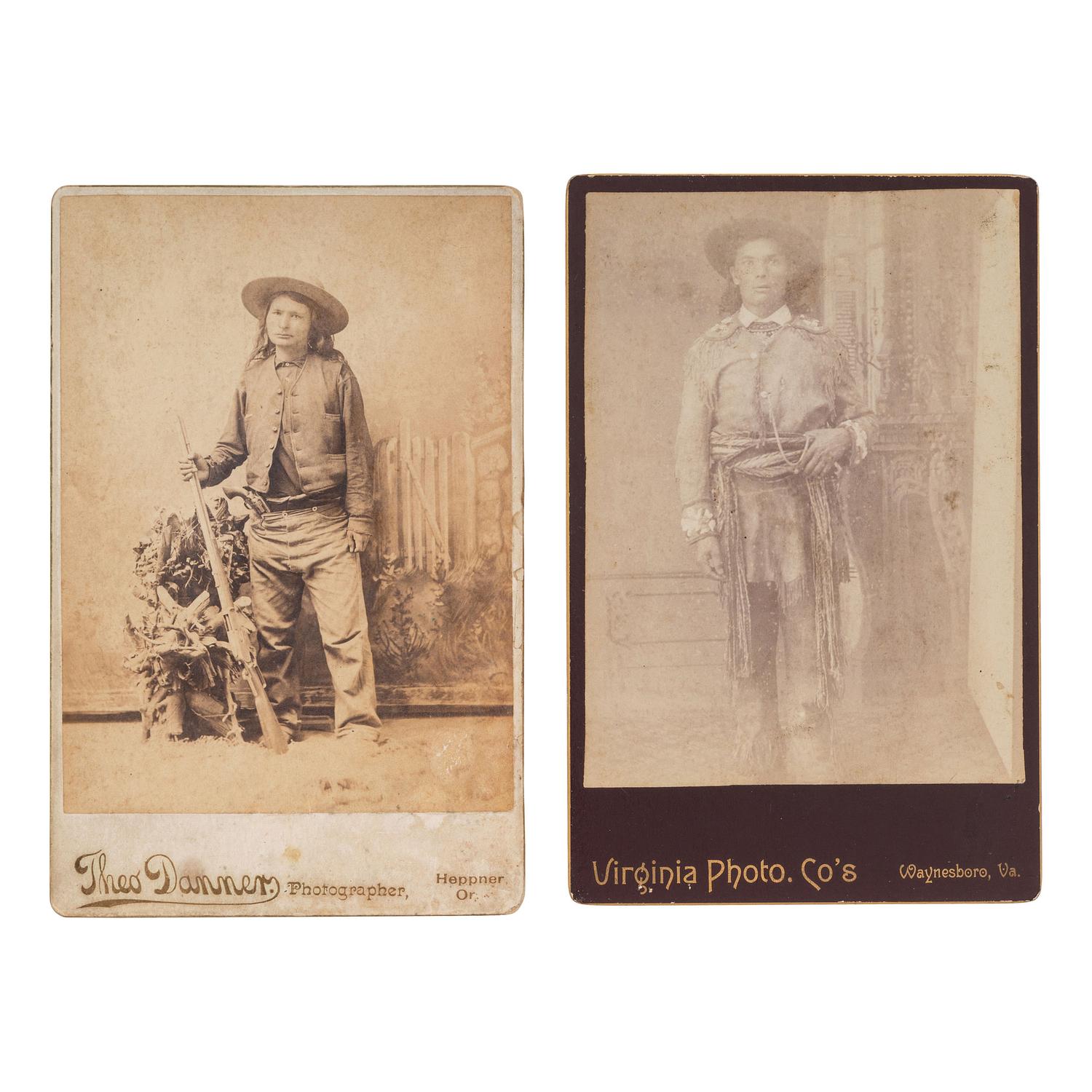 [NATIVE AMERICANS]. A group of 2 cabinet cards of Native American subjects wearing Anglo-style clothing, one armed.