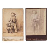 [NATIVE AMERICANS]. A group of 2 cabinet cards of Native American subjects wearing Anglo-style clothing, one armed.