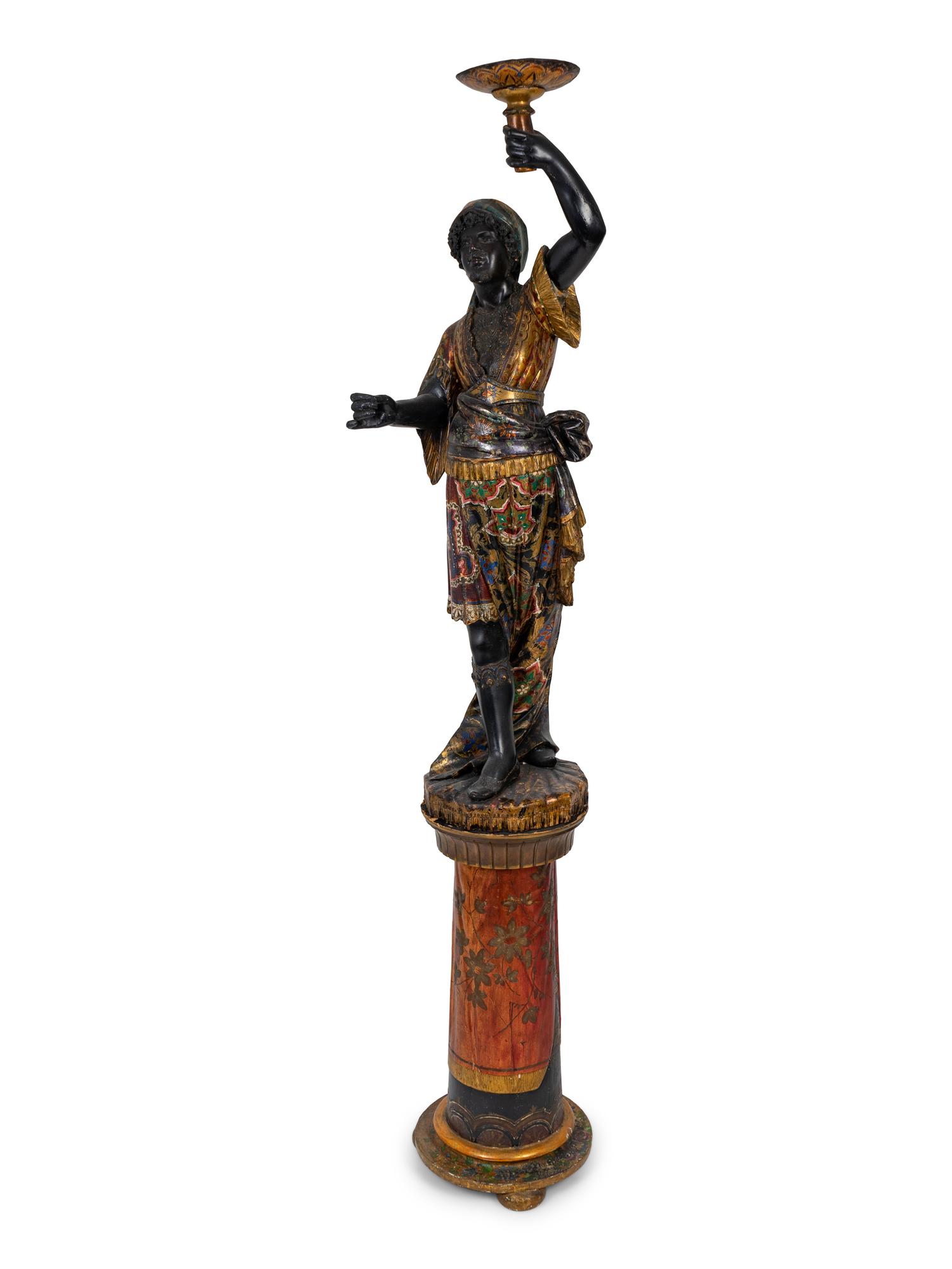 An Italian Carved and Painted Torchere of a Moor on a Pedestal Base — 19TH CENTURY