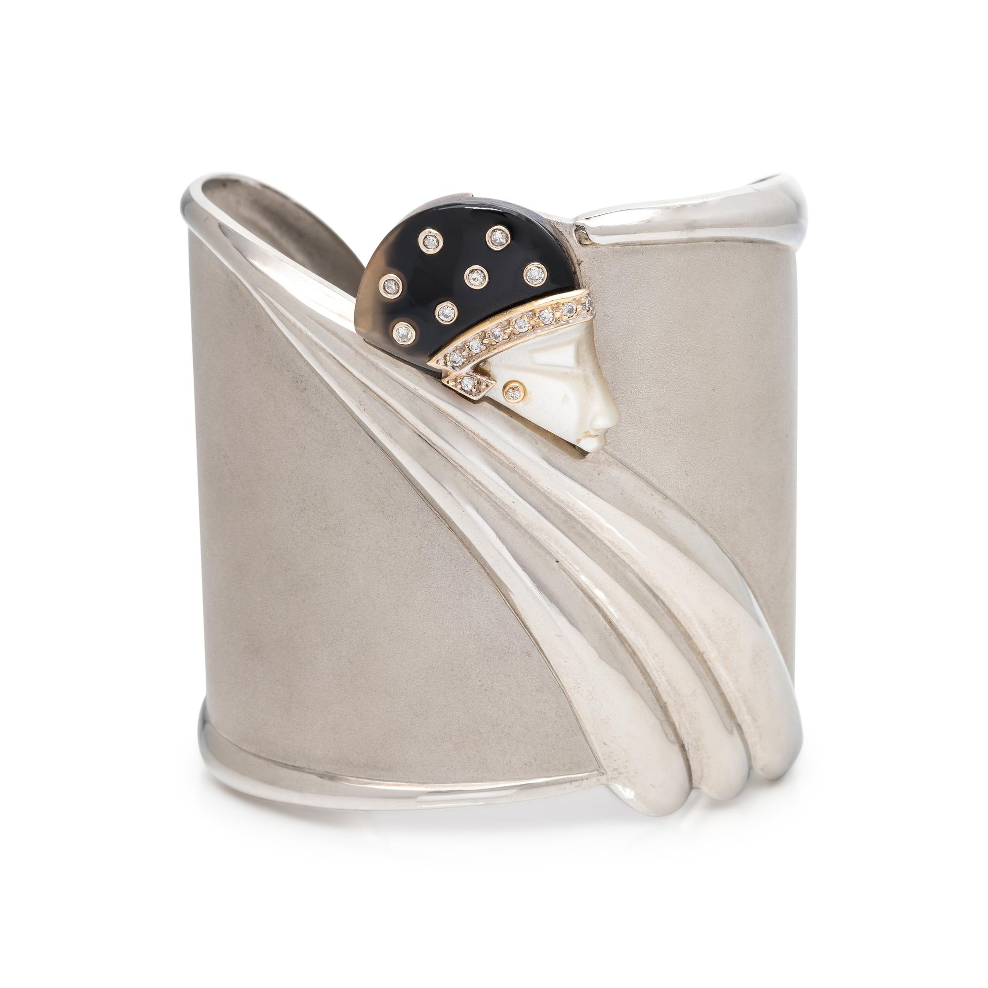 ERTÉ, STERLING SILVER, DIAMOND, ONYX AND MOTHER-OF-PEARL 'TEMPEST' CUFF BRACELET