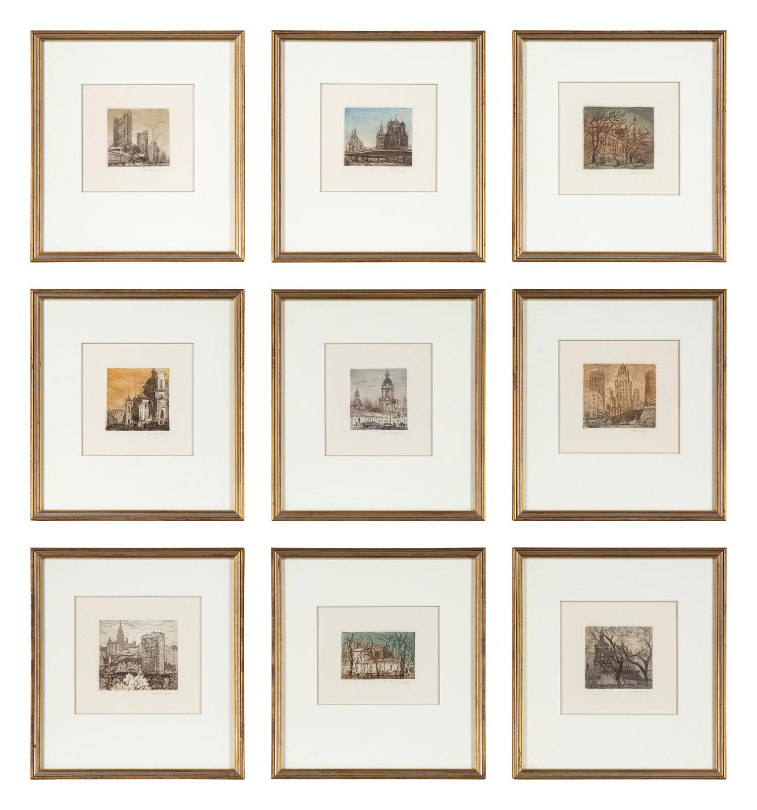A Group of Nine Cityscape Etchings