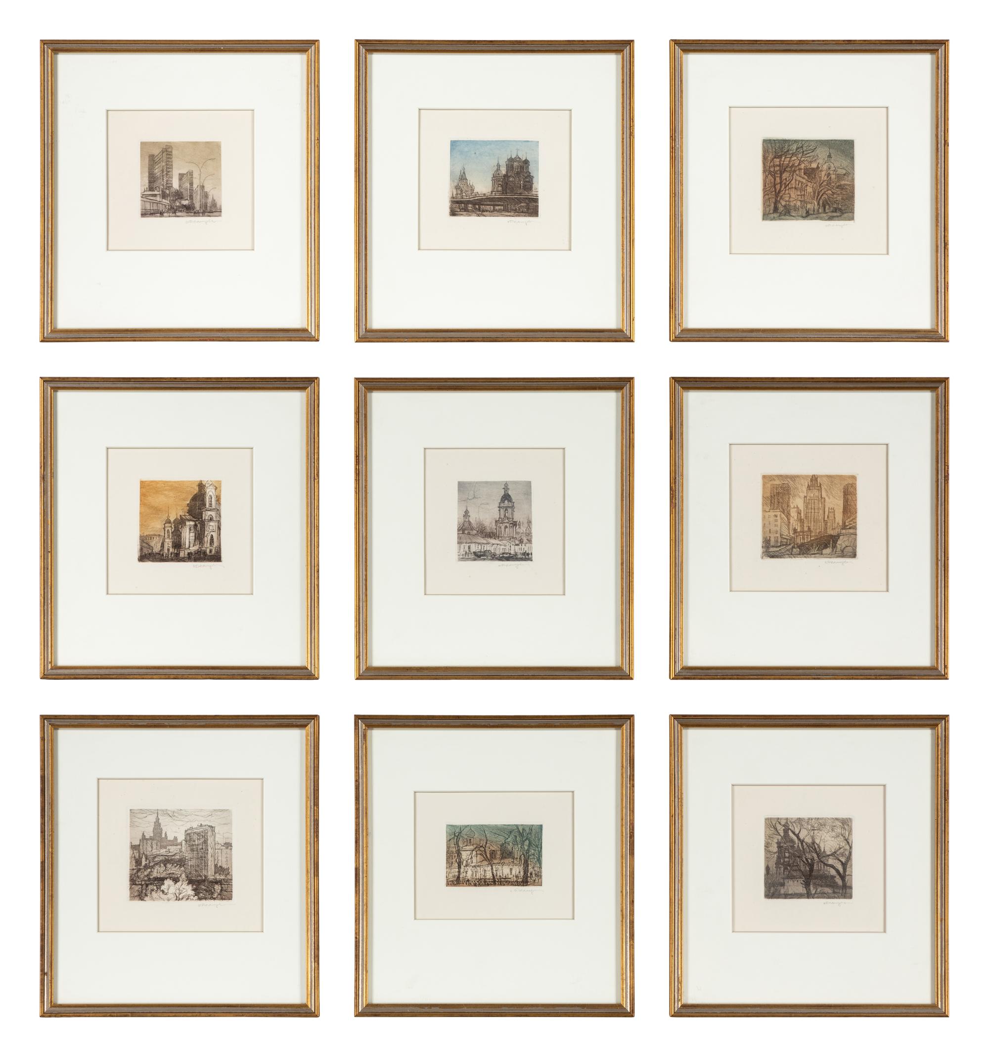 A Group of Nine Cityscape Etchings