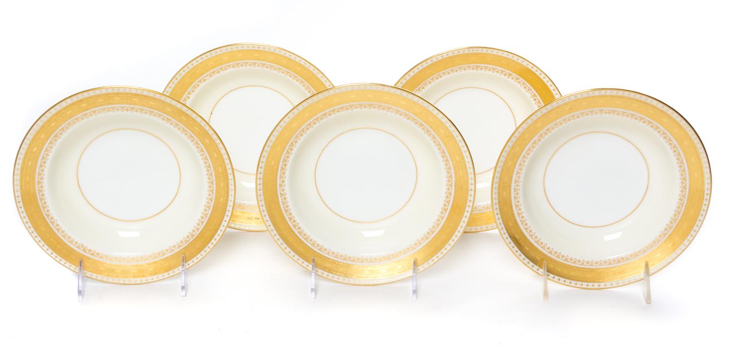 A Set of Five Minton Porcelain Soup Bowls Diameter 7 3/4 inches.
