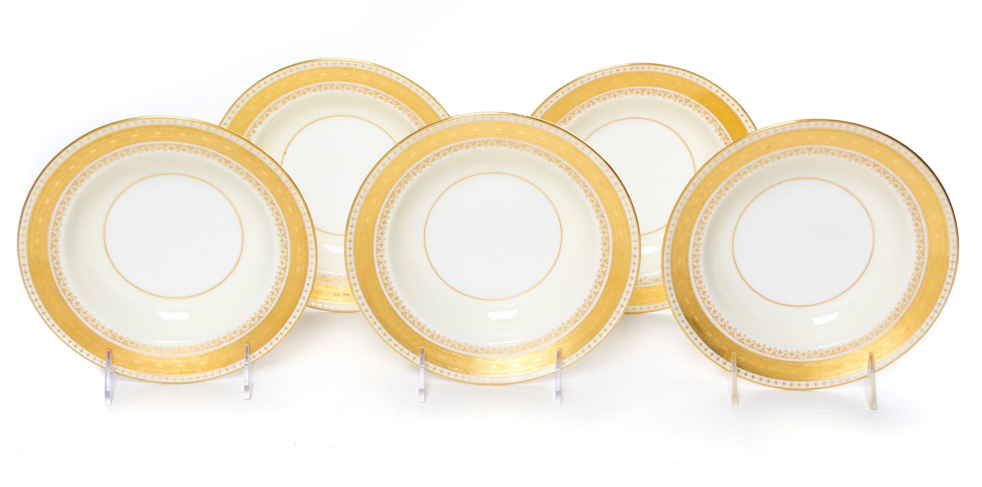 A Set of Five Minton Porcelain Soup Bowls Diameter 7 3/4 inches.