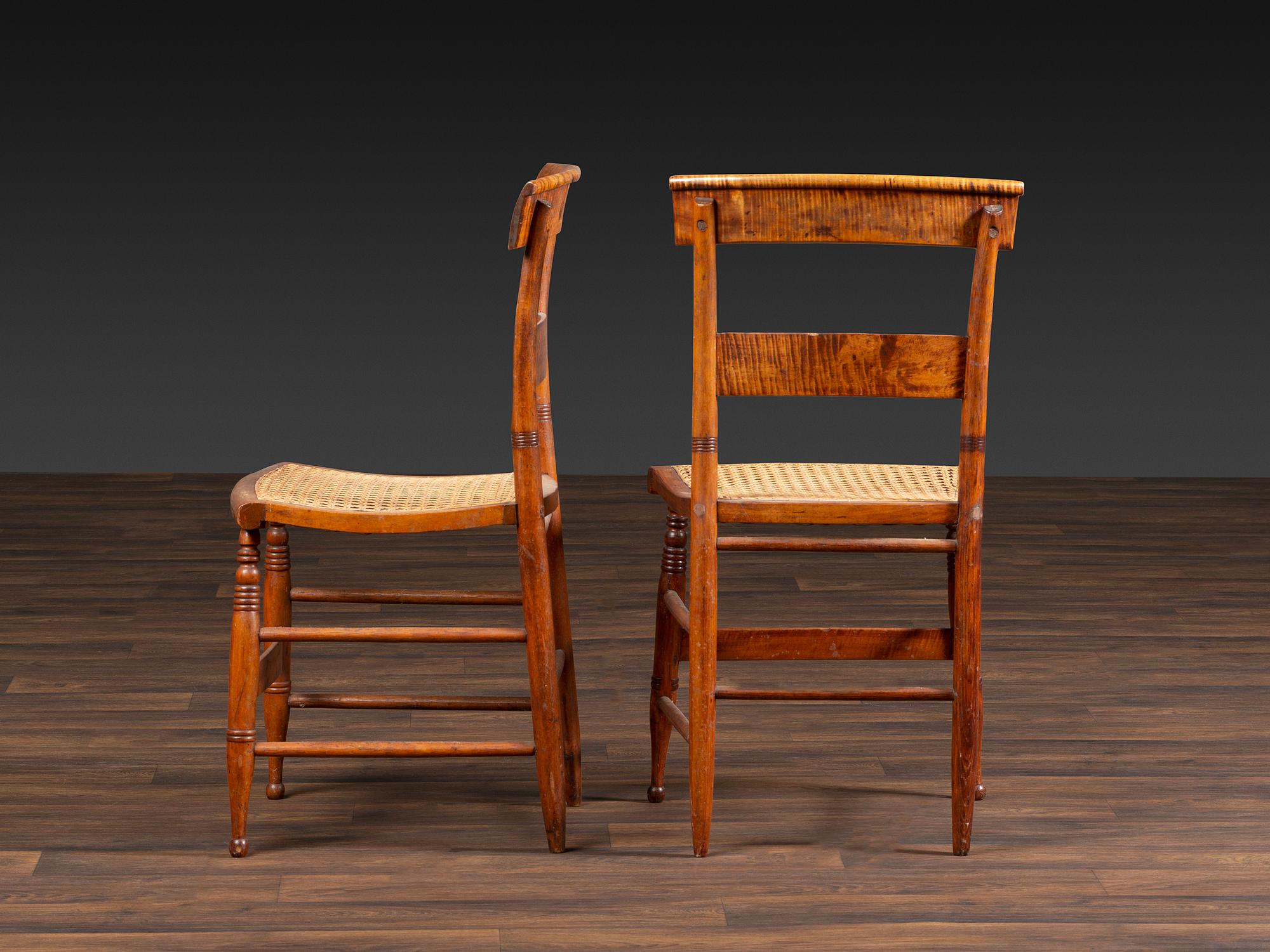 Six Classical Figured Maple Cane Seat Side Chairs