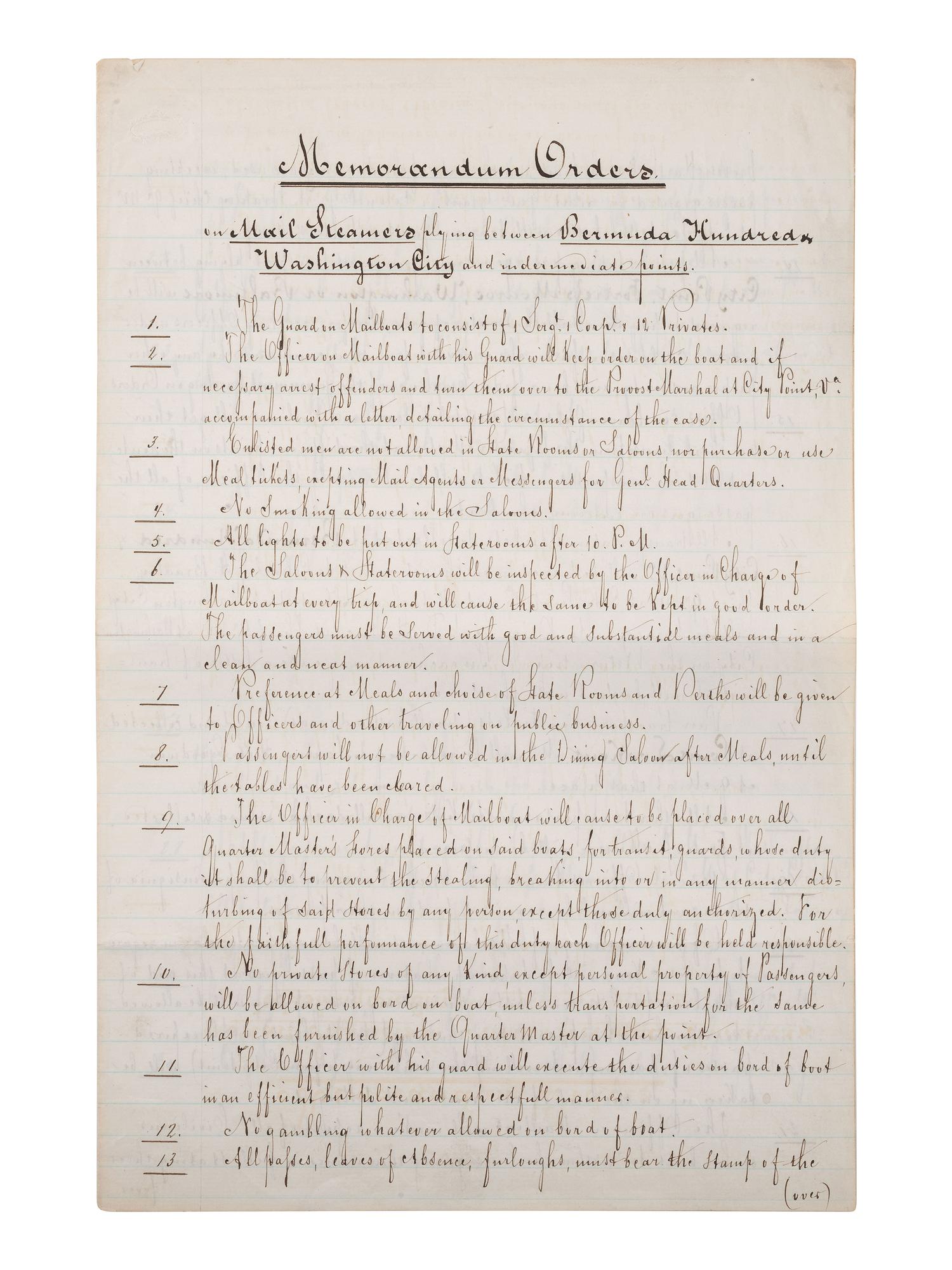 [STEAMSHIPS]. Memorandum Orders on mail steamers plying between Bermuda Hundred, Washington DC.