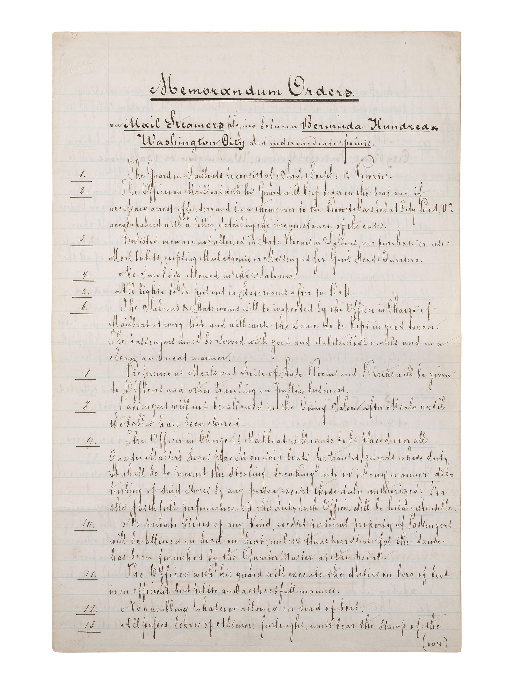 [STEAMSHIPS]. Memorandum Orders on mail steamers plying between Bermuda Hundred, Washington DC.