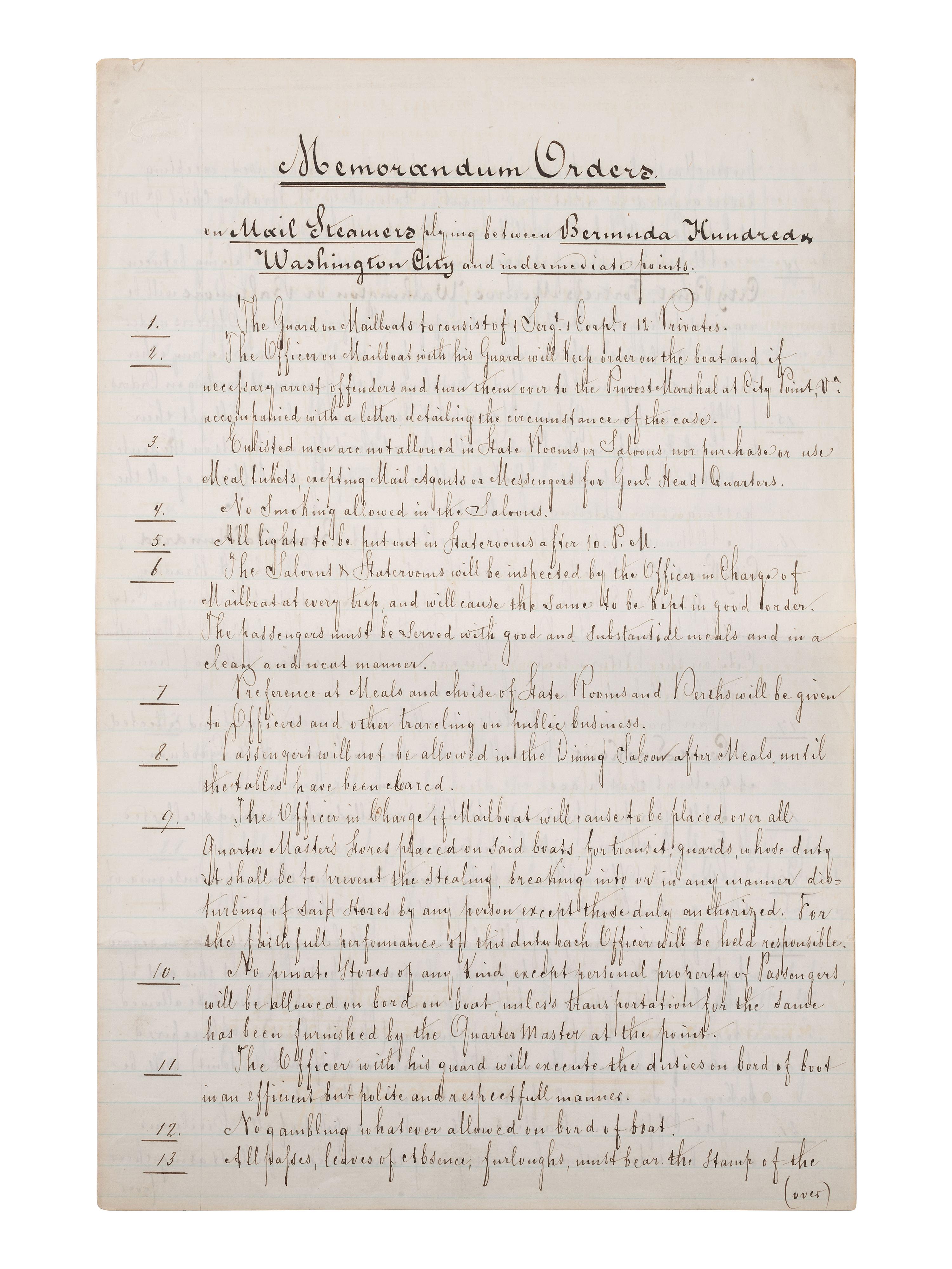 [STEAMSHIPS]. Memorandum Orders on mail steamers plying between Bermuda Hundred, Washington DC.