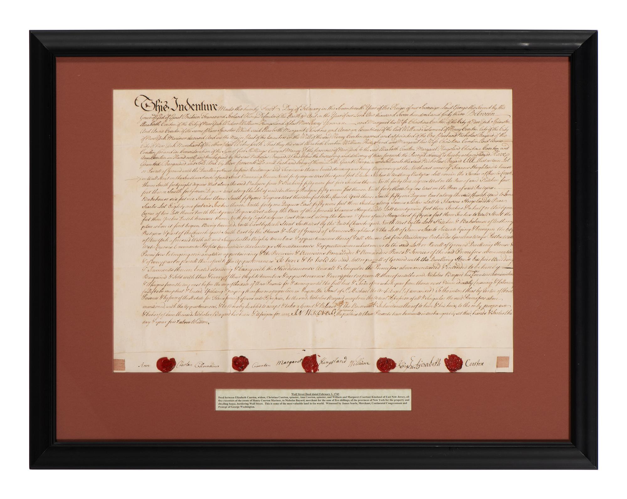 [NEW YORK]. Colonial-era manuscript indentures for property near Wall Street, 1694-1743.