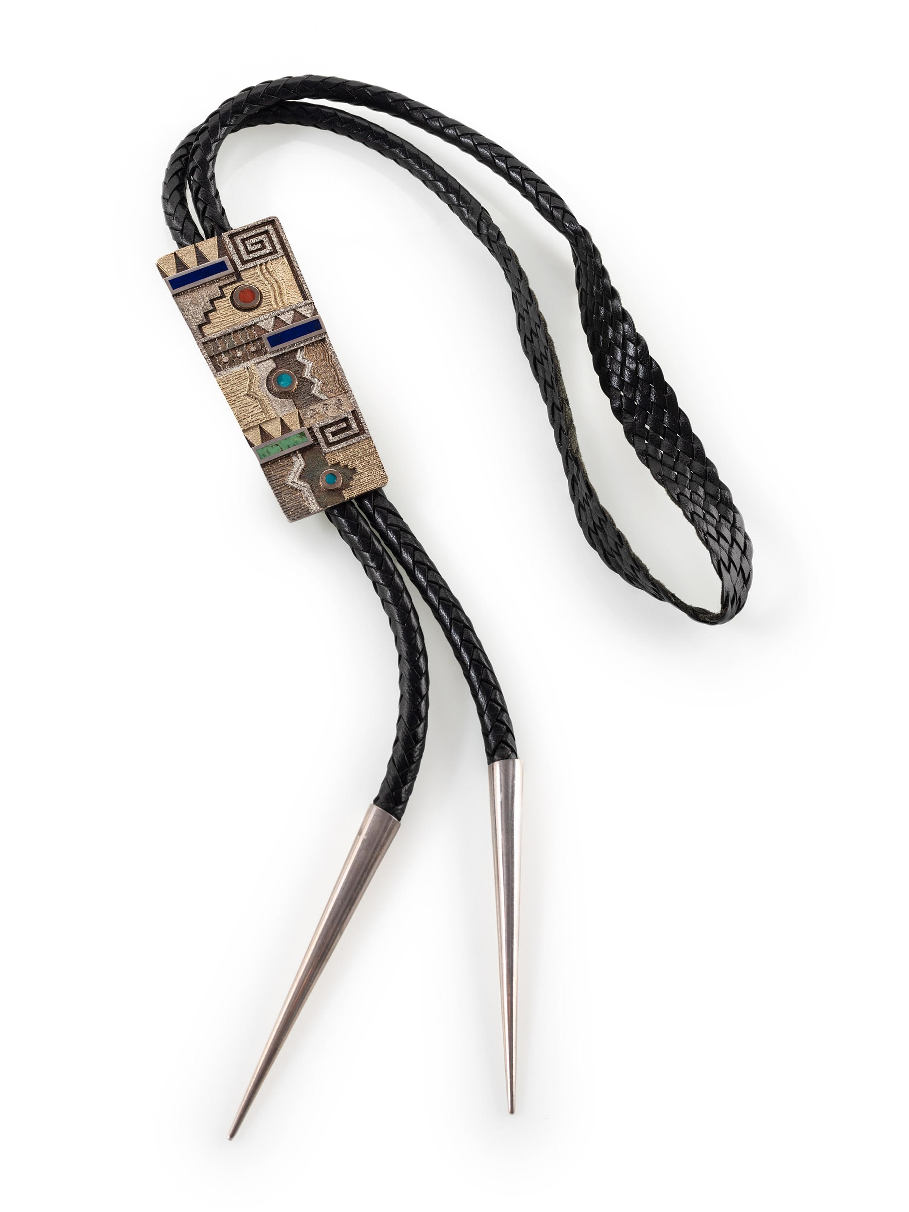 Silver Tufa Cast Katsina Bolo Tie, with Turquoise, Coral, Lapis, and 14K Gold Accents