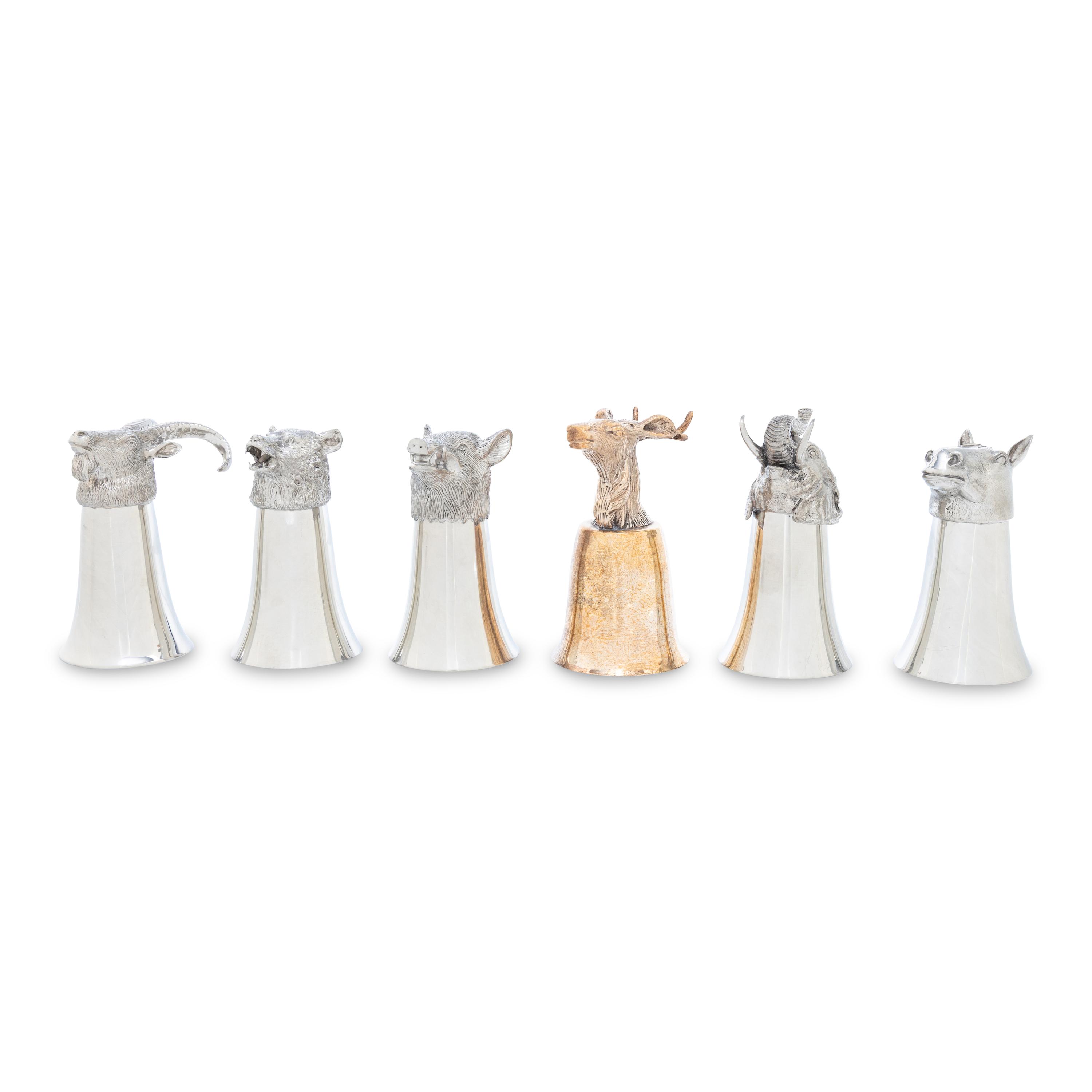 A Set of Six Silvered Metal Animal Form Stirrup Cups
