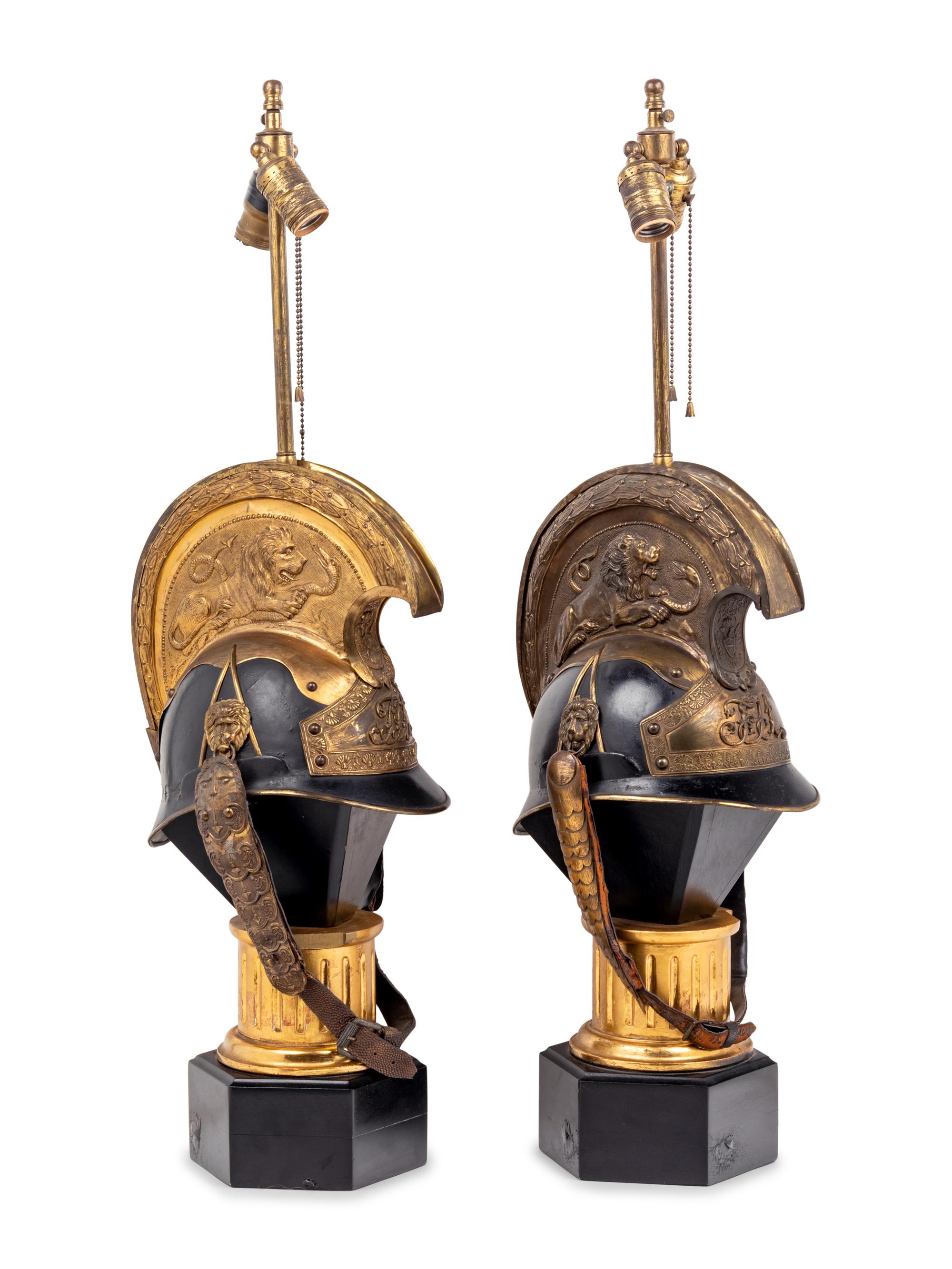 A Pair of Continental Parade Helmets Mounted as Lamps